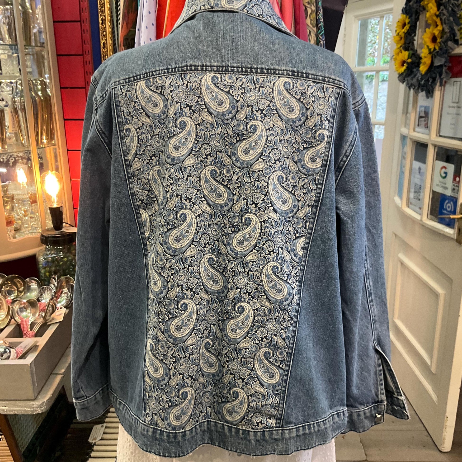 Unique Upcycled Vintage Distressed Denim JAcket with Liberty ‘Lee Manor’ Tana Lawn, UK size 16