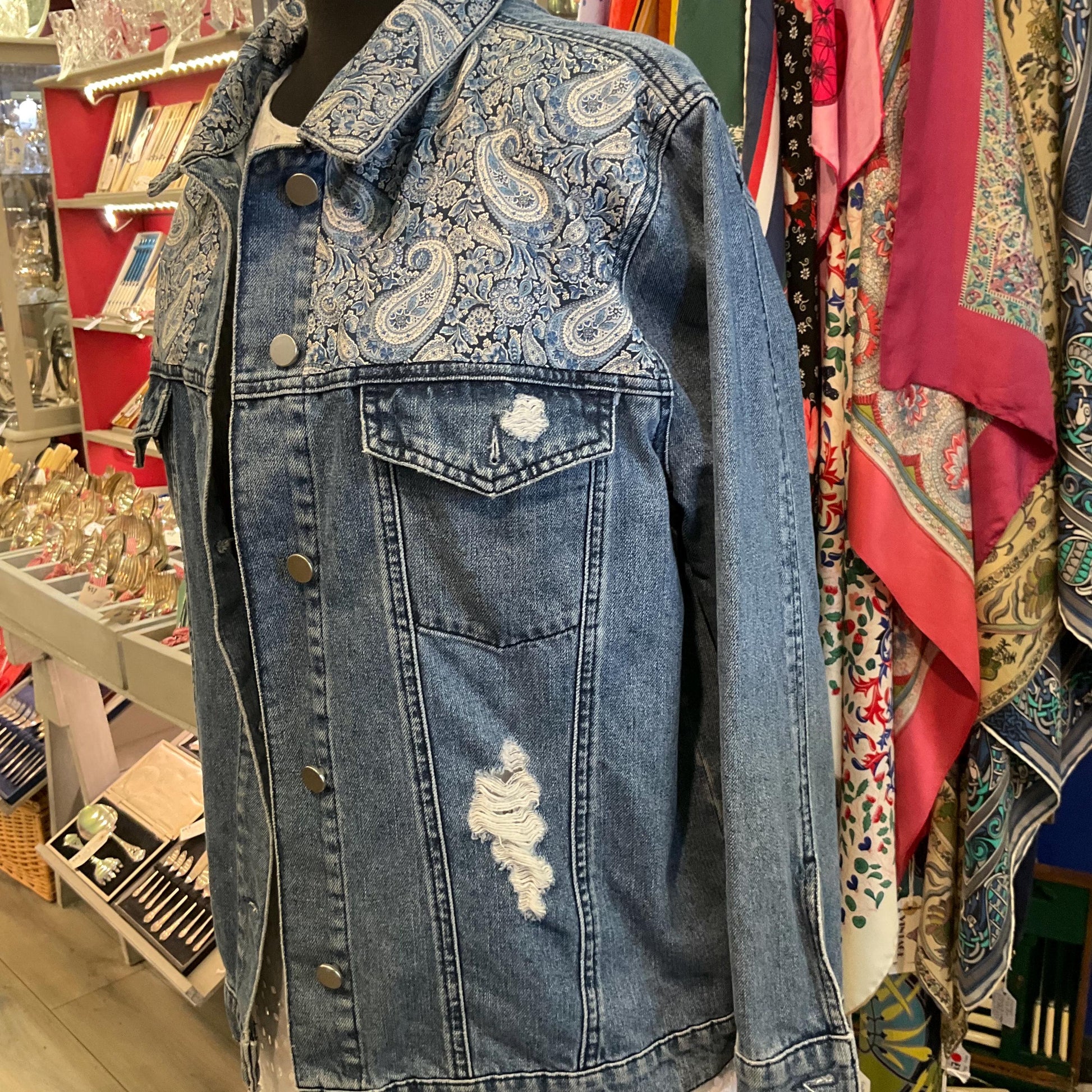 Unique Upcycled Vintage Distressed Denim JAcket with Liberty ‘Lee Manor’ Tana Lawn, UK size 16