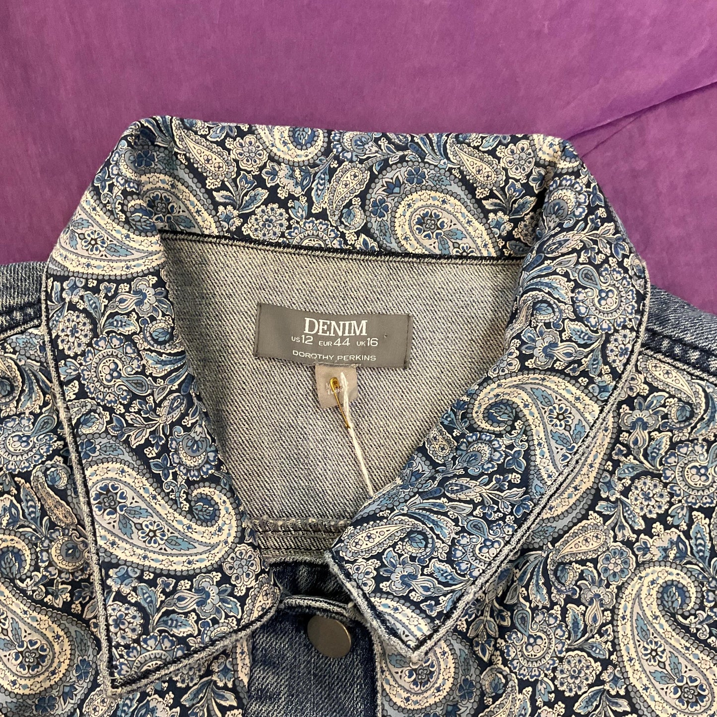 Unique Upcycled Vintage Distressed Denim JAcket with Liberty ‘Lee Manor’ Tana Lawn, UK size 16