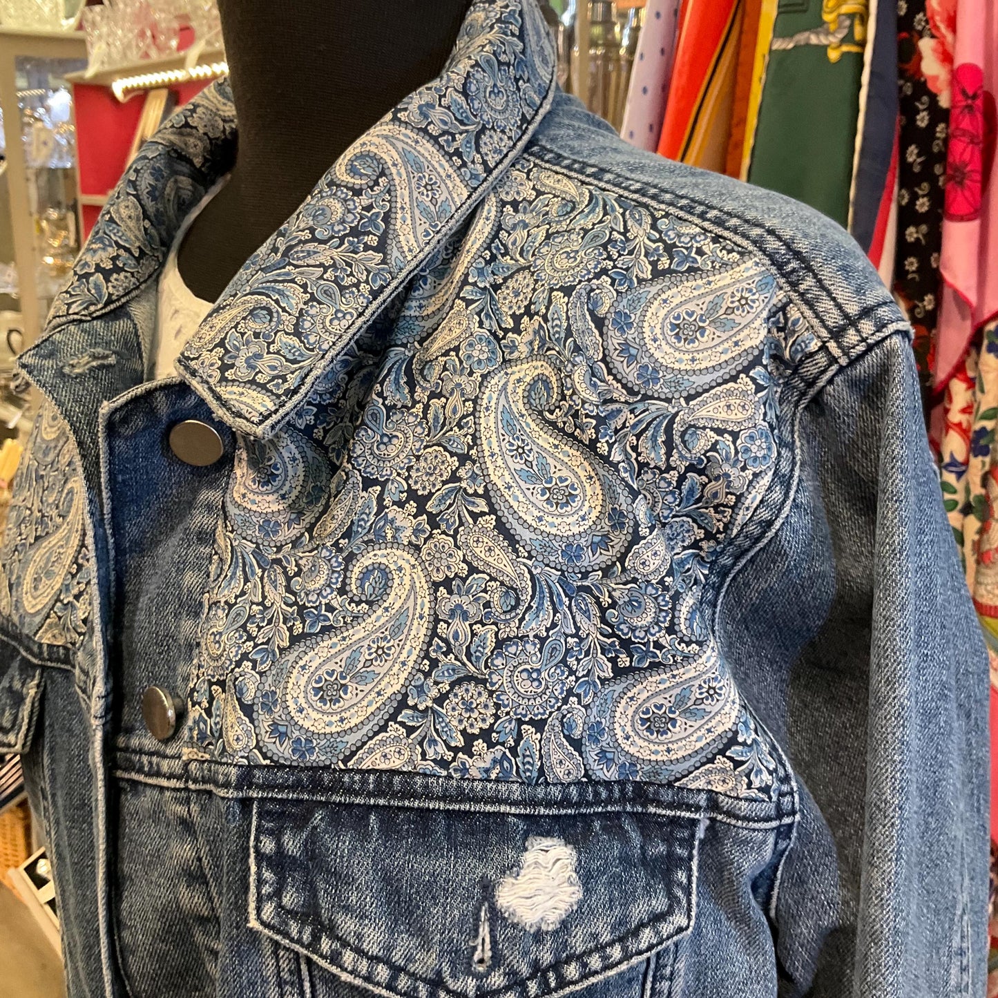 Unique Upcycled Vintage Distressed Denim JAcket with Liberty ‘Lee Manor’ Tana Lawn, UK size 16