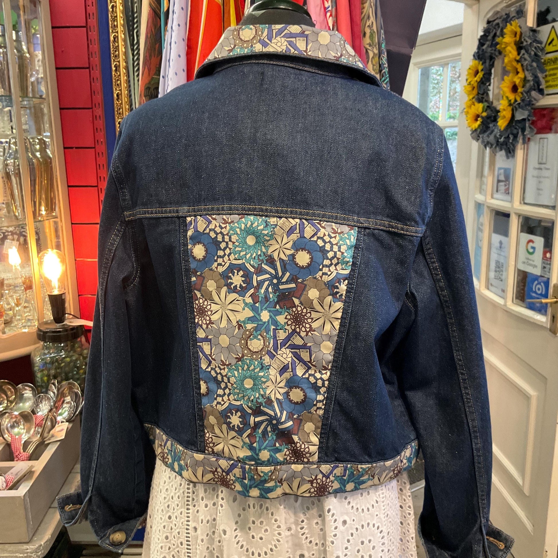 Unique Upcycled Vintage Phase Eight Dark Denim Jacket with Liberty ‘Mauvey’ Tana Lawn Cotton, UK size 14
