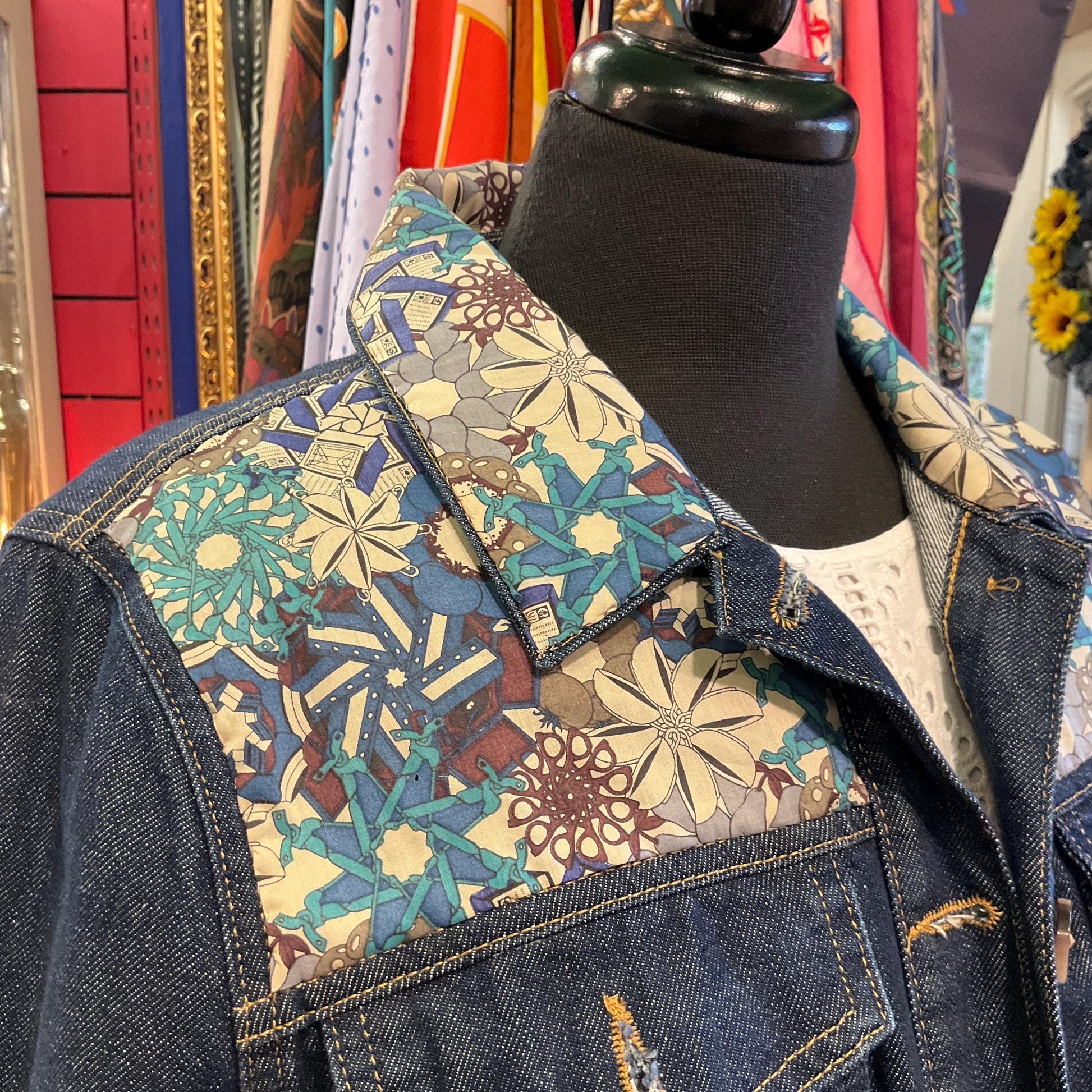 Unique Upcycled Vintage Phase Eight Dark Denim Jacket with Liberty ‘Mauvey’ Tana Lawn Cotton, UK size 14