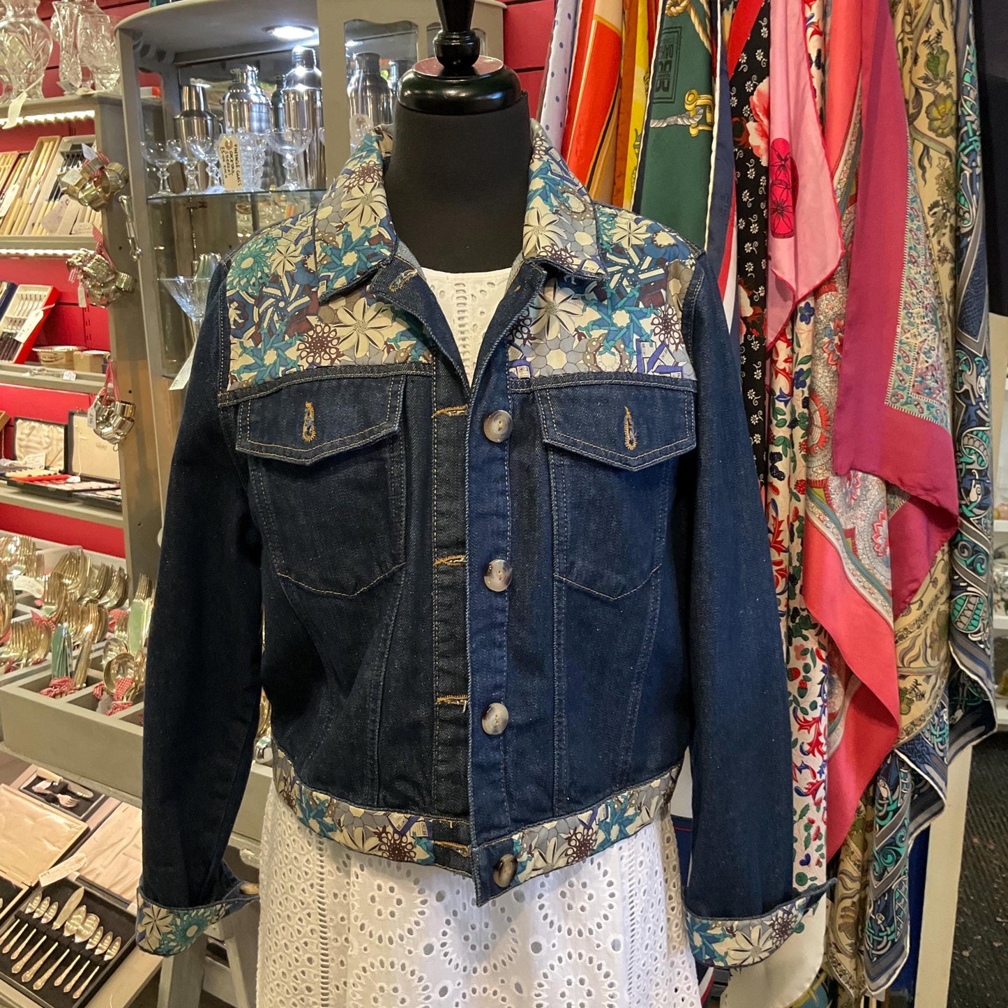 Unique Upcycled Vintage Phase Eight Dark Denim Jacket with Liberty ‘Mauvey’ Tana Lawn Cotton, UK size 14