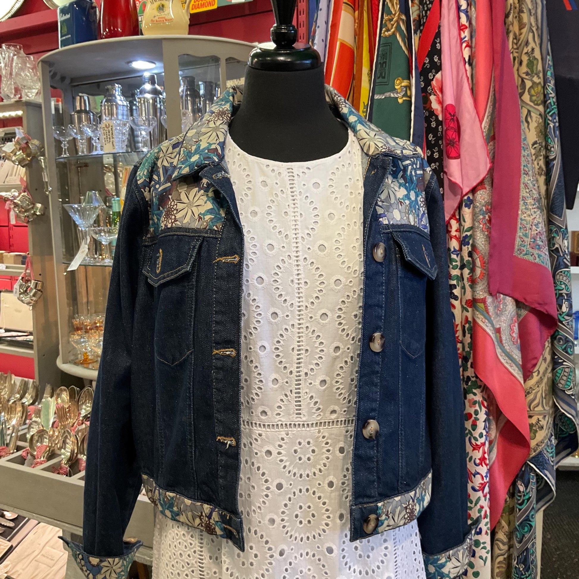Unique Upcycled Vintage Phase Eight Dark Denim Jacket with Liberty ‘Mauvey’ Tana Lawn Cotton, UK size 14