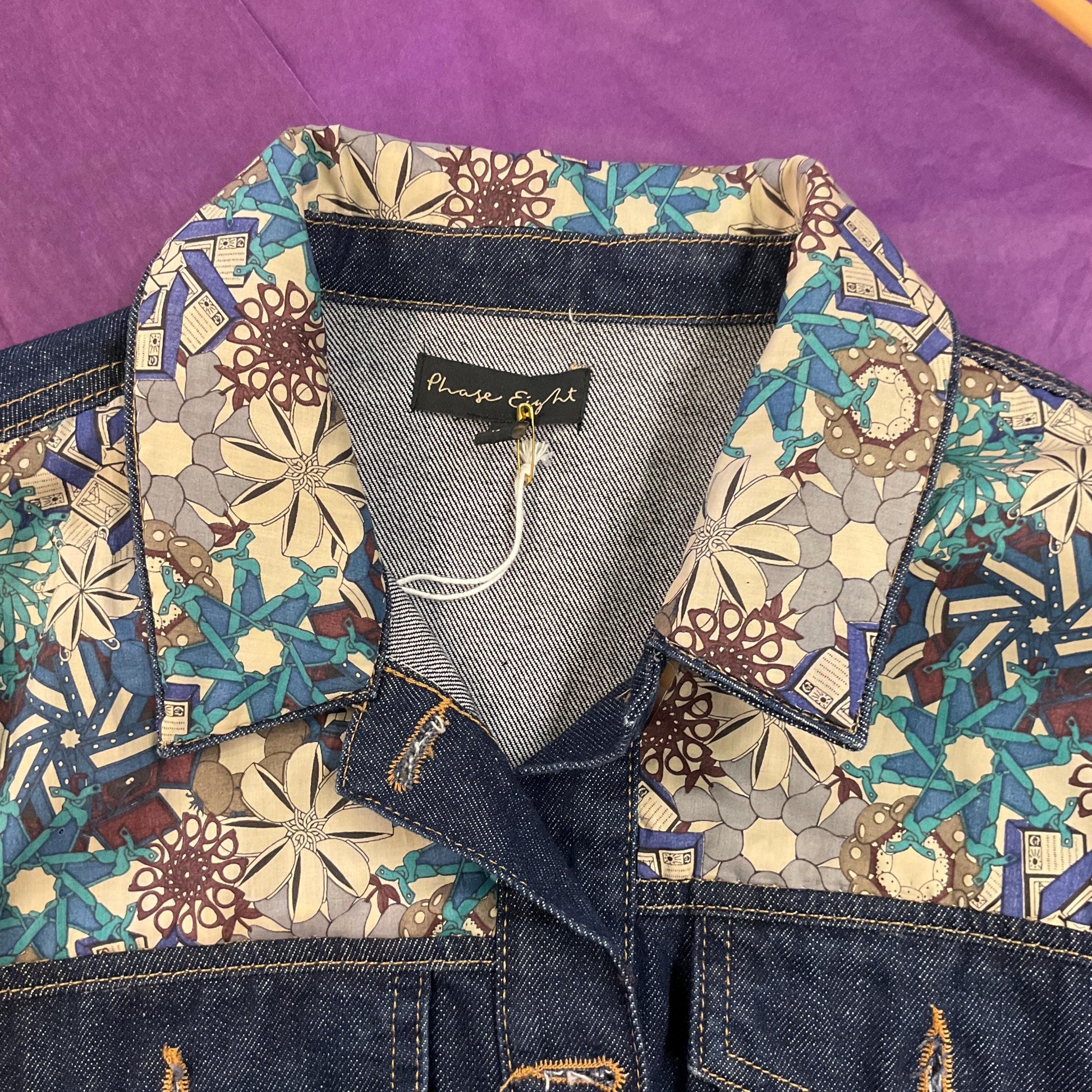 Unique Upcycled Vintage Phase Eight Dark Denim Jacket with Liberty ‘Mauvey’ Tana Lawn Cotton, UK size 14