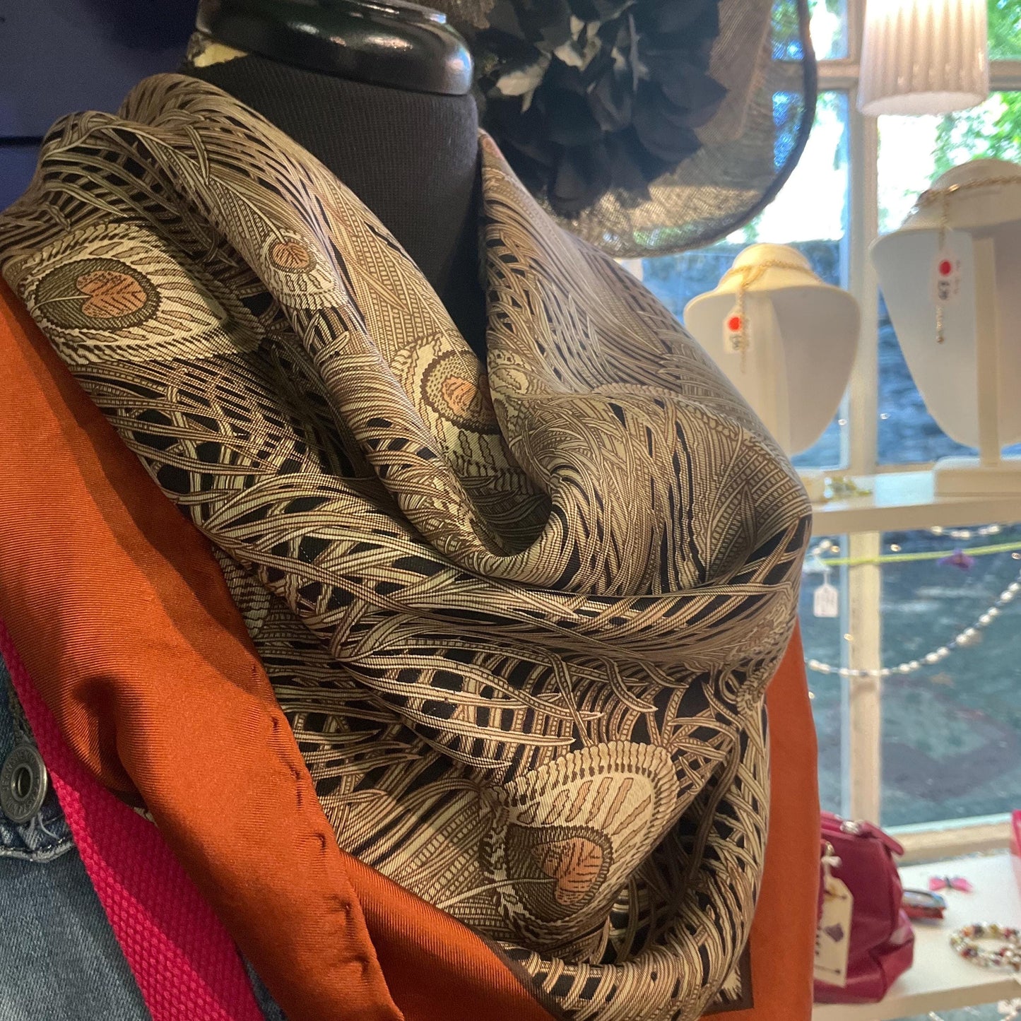 Vintage Liberty of London 1970s Large Pure Silk Hera Scarf, Peacock Feather Print in shades of beige , pink and brown