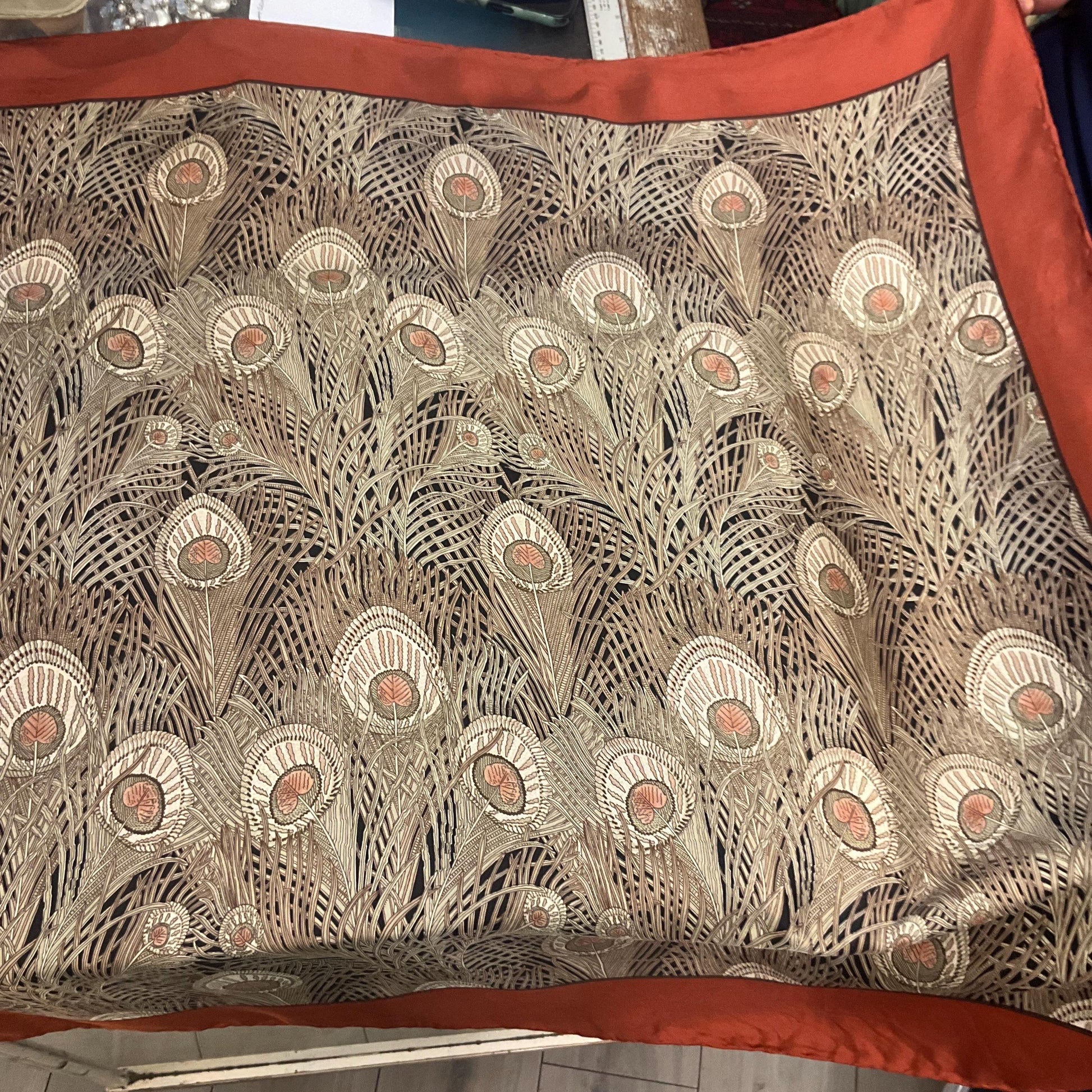 Vintage Liberty of London 1970s Large Pure Silk Hera Scarf, Peacock Feather Print in shades of beige , pink and brown