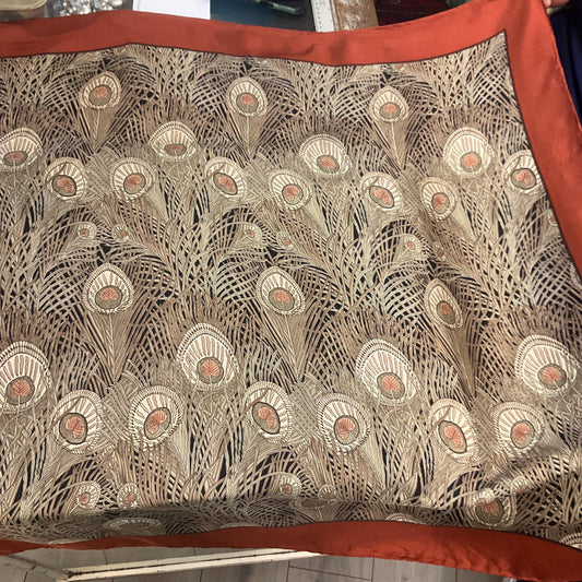 Vintage Liberty of London 1970s Large Pure Silk Hera Scarf, Peacock Feather Print in shades of beige , pink and brown