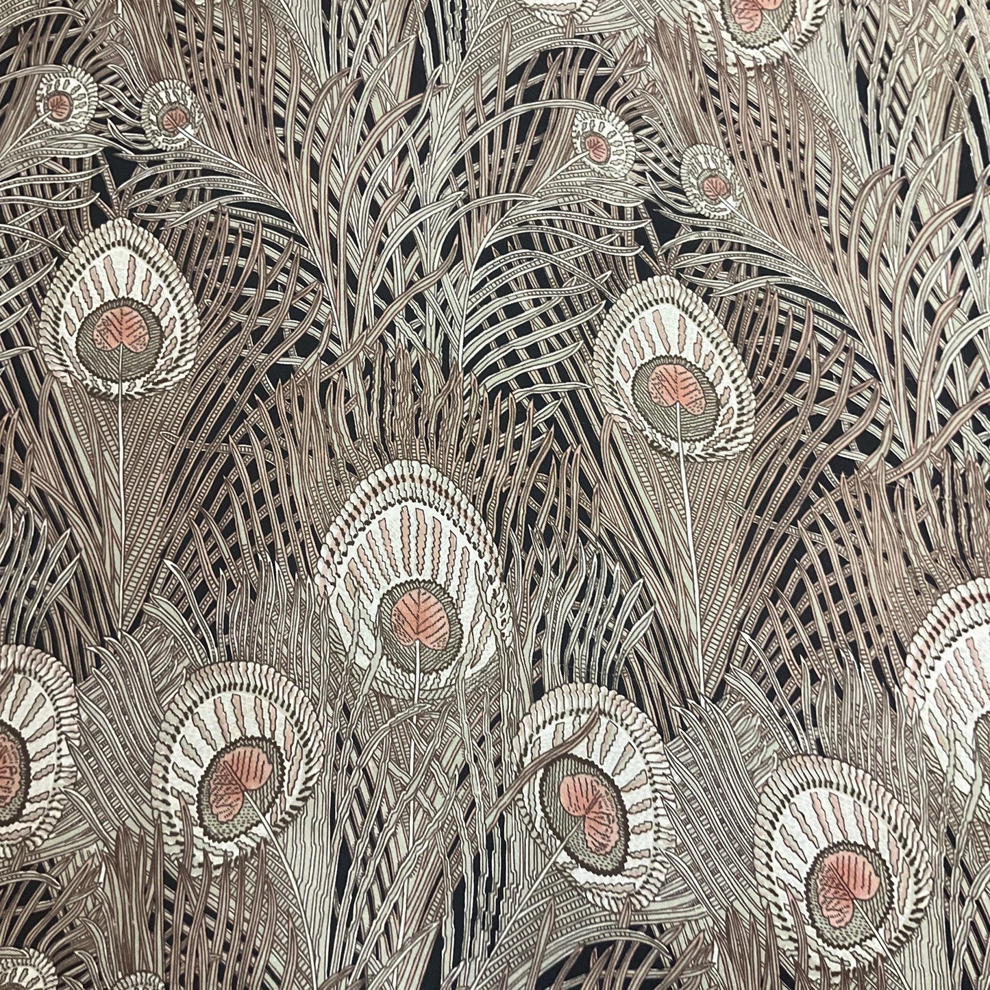 Vintage Liberty of London 1970s Large Pure Silk Hera Scarf, Peacock Feather Print in shades of beige , pink and brown