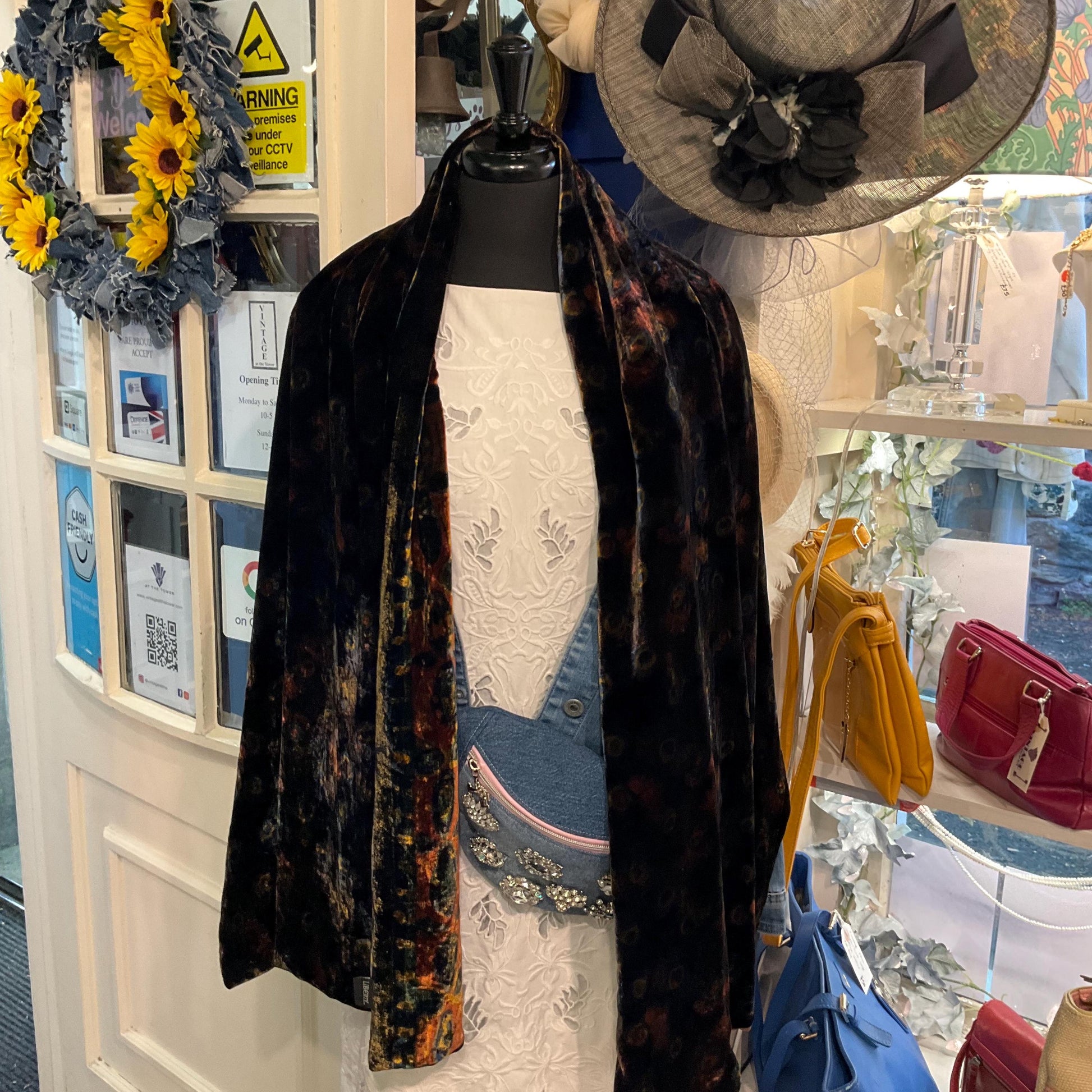 Vintage Liberty Large Silk Velvet Rectangular Shawl/ Evening Wrap, Double Sided with Peacock Feathers and Florals