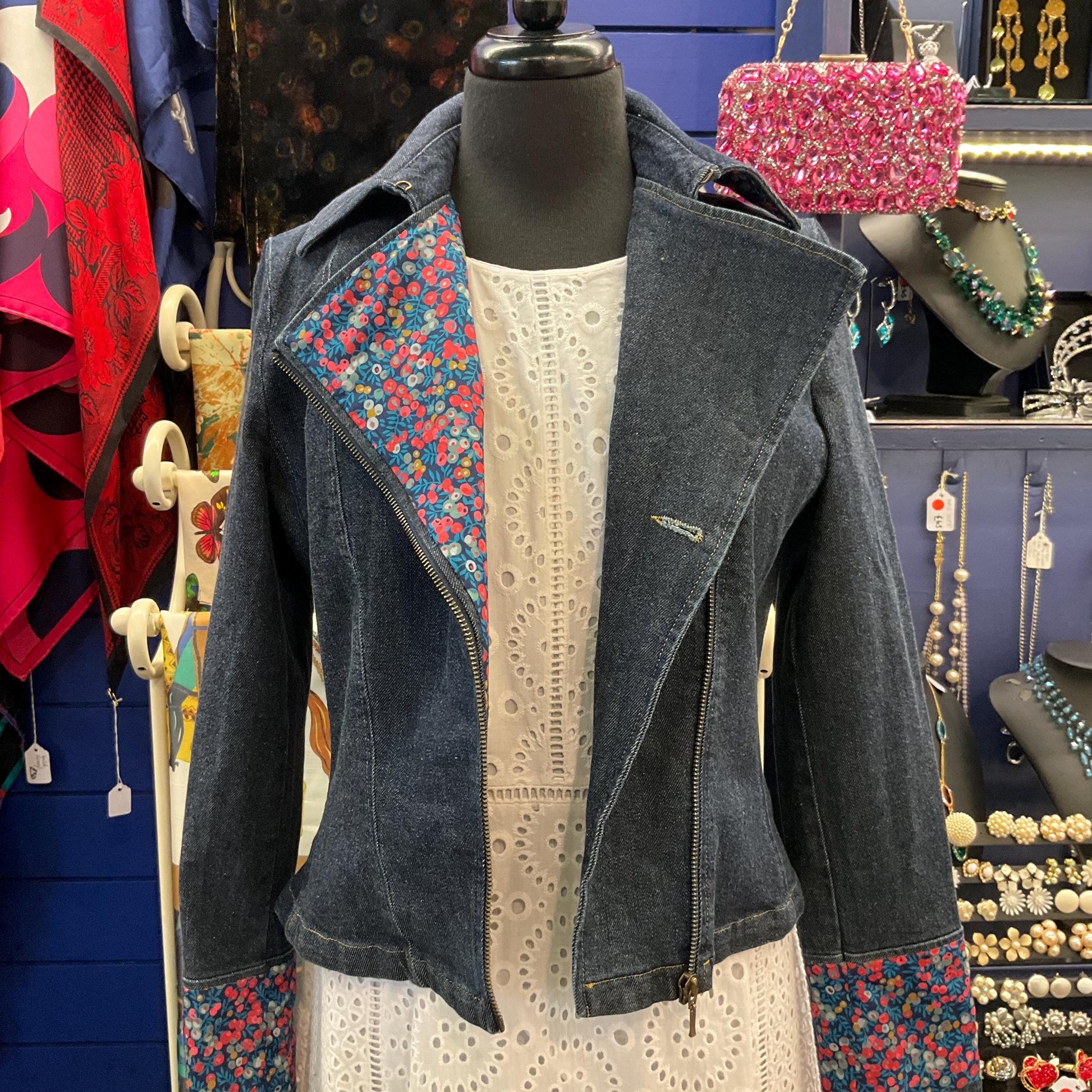 Unique Up-cycled Dark Denim Biker Style Jacket with Liberty ‘Wiltshire’ print Tana Lawm, Size UK 12