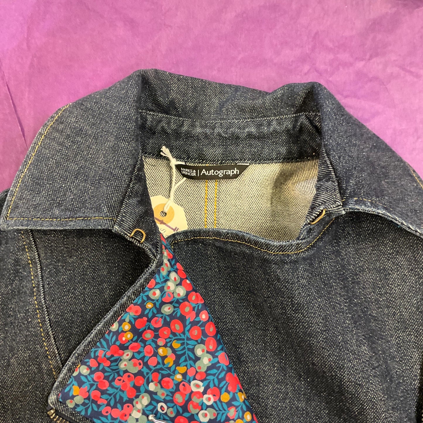 Unique Up-cycled Dark Denim Biker Style Jacket with Liberty ‘Wiltshire’ print Tana Lawm, Size UK 12