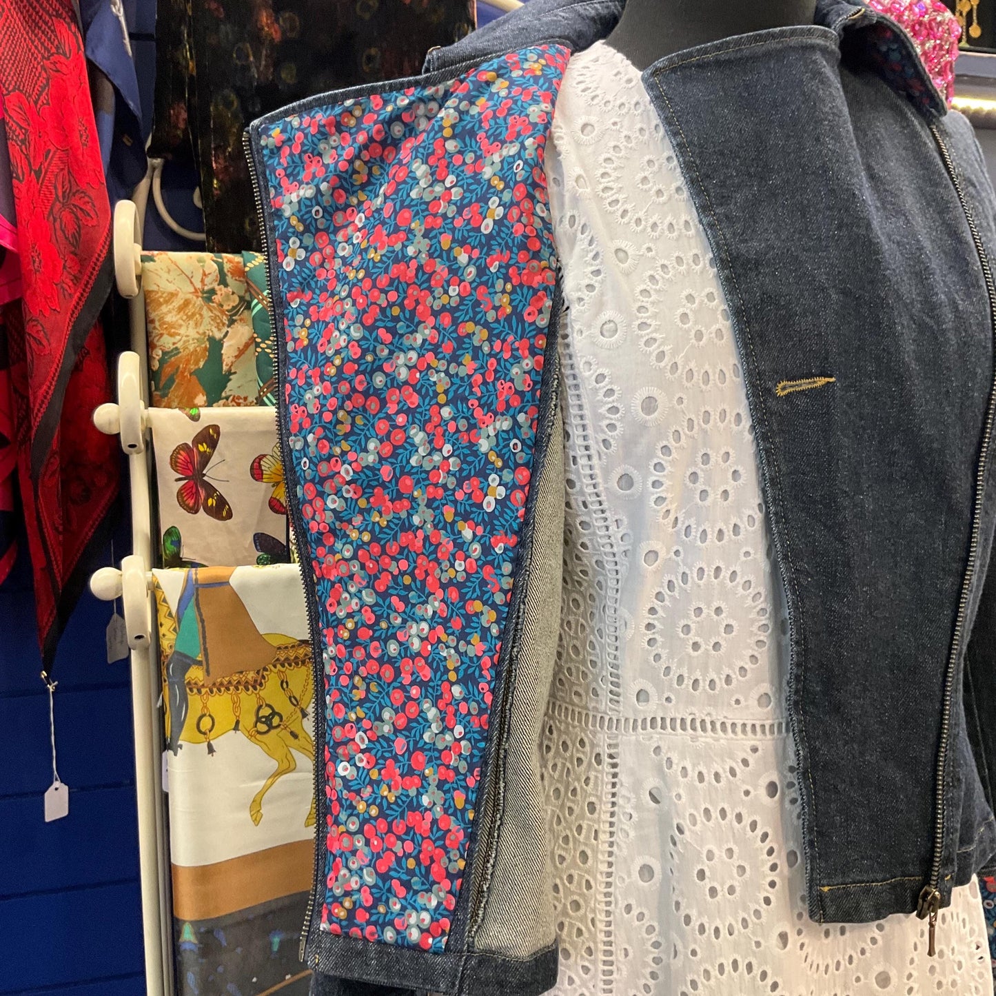 Unique Up-cycled Dark Denim Biker Style Jacket with Liberty ‘Wiltshire’ print Tana Lawm, Size UK 12