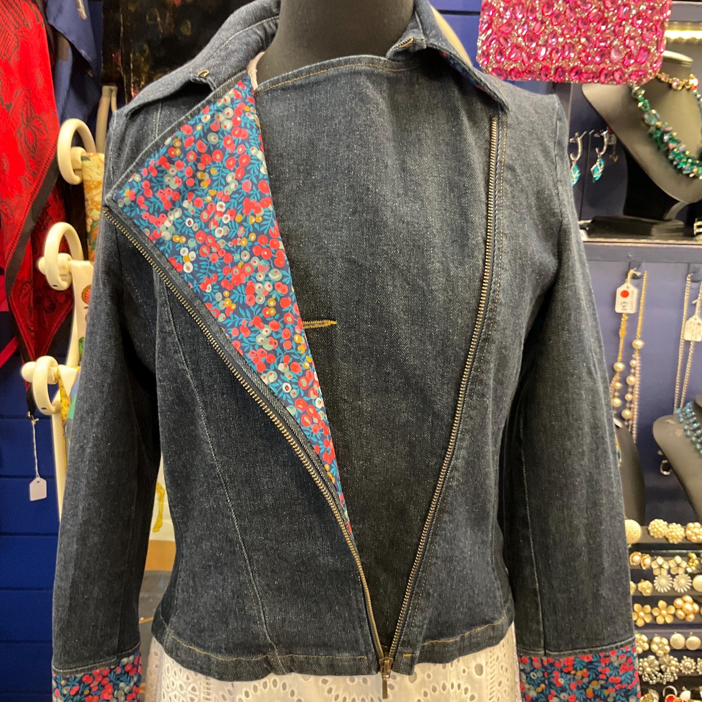 Unique Up-cycled Dark Denim Biker Style Jacket with Liberty ‘Wiltshire’ print Tana Lawm, Size UK 12