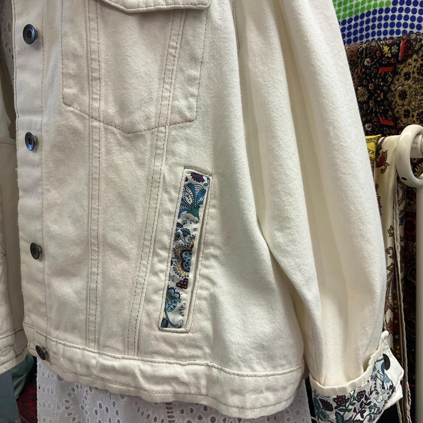 Vintage Up cycled Unique Off White Unworn Denim Jacket with Liberty ‘Mabelle’ Tana Lawn, Original Tags, Size UK 22