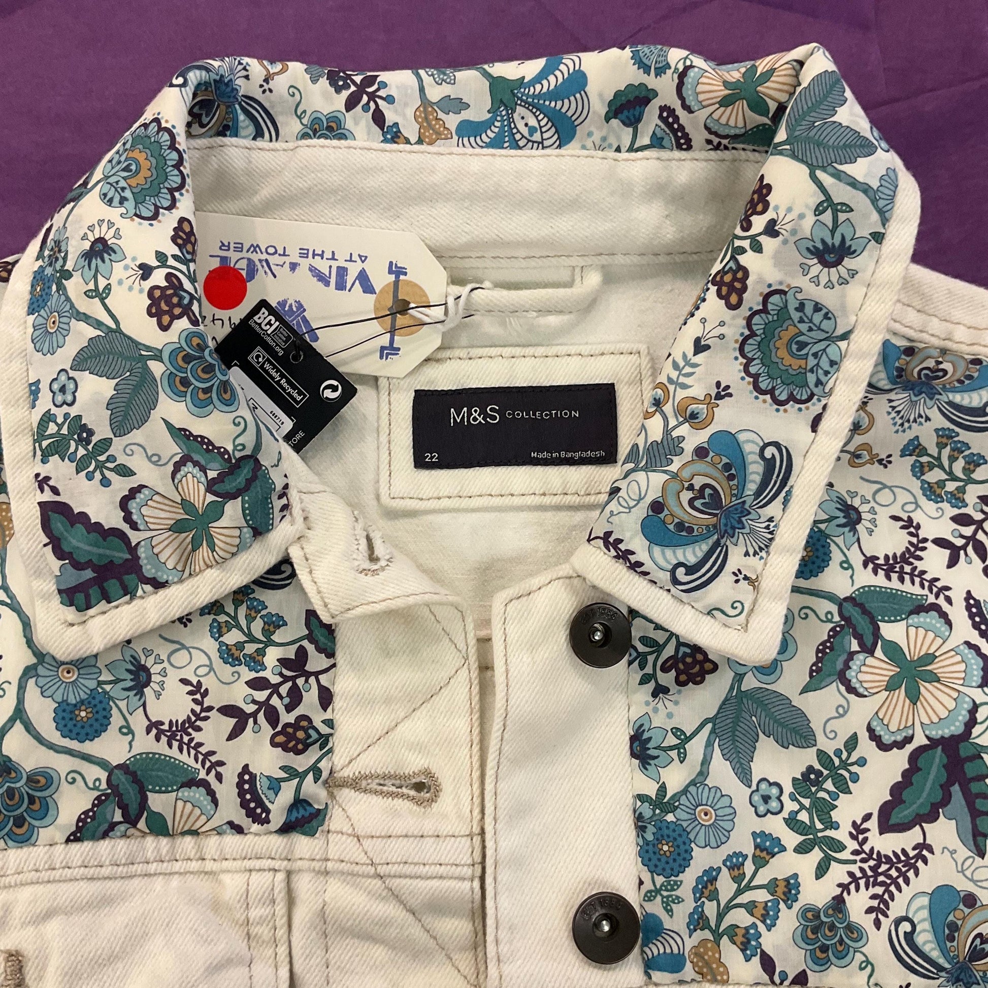 Vintage Up cycled Unique Off White Unworn Denim Jacket with Liberty ‘Mabelle’ Tana Lawn, Original Tags, Size UK 22