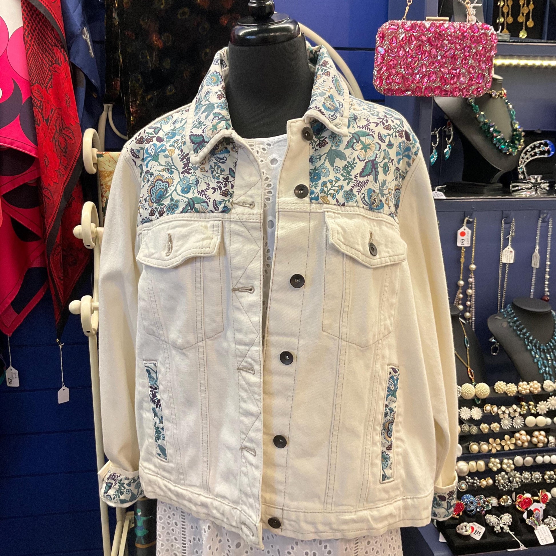 Vintage Up cycled Unique Off White Unworn Denim Jacket with Liberty ‘Mabelle’ Tana Lawn, Original Tags, Size UK 22