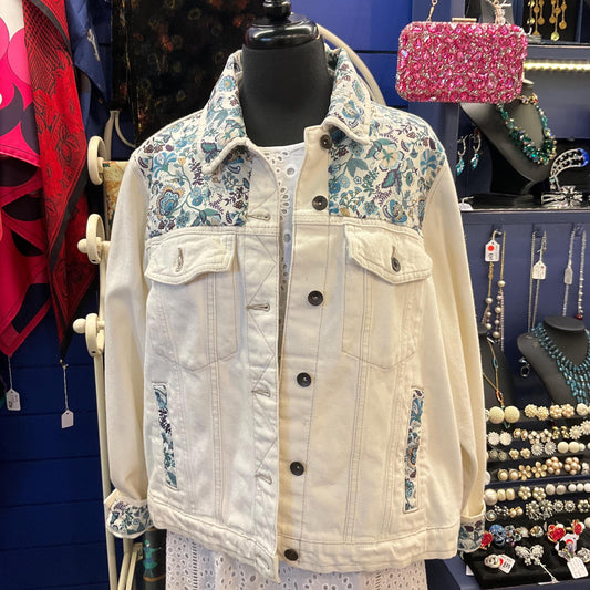 Vintage Up cycled Unique Off White Unworn Denim Jacket with Liberty ‘Mabelle’ Tana Lawn, Original Tags, Size UK 22
