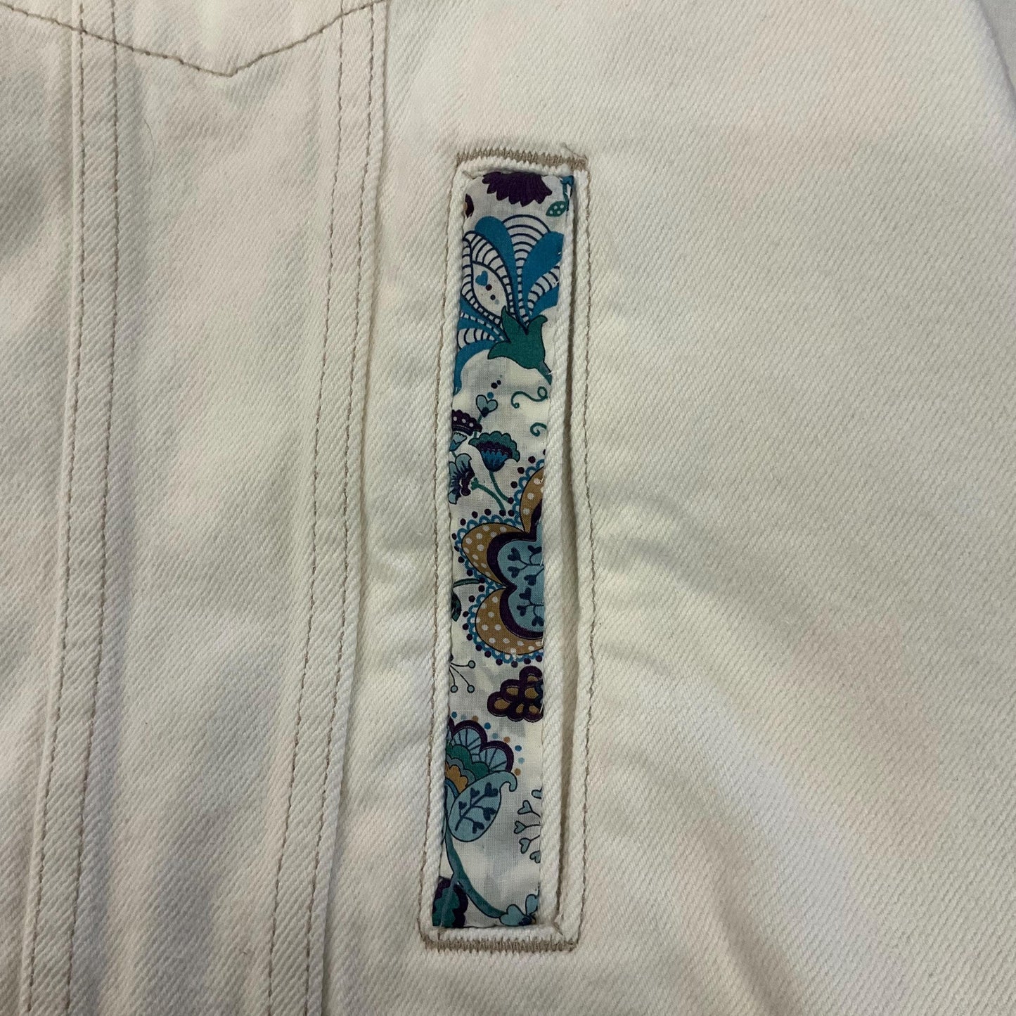 Vintage Up cycled Unique Off White Unworn Denim Jacket with Liberty ‘Mabelle’ Tana Lawn, Original Tags, Size UK 22