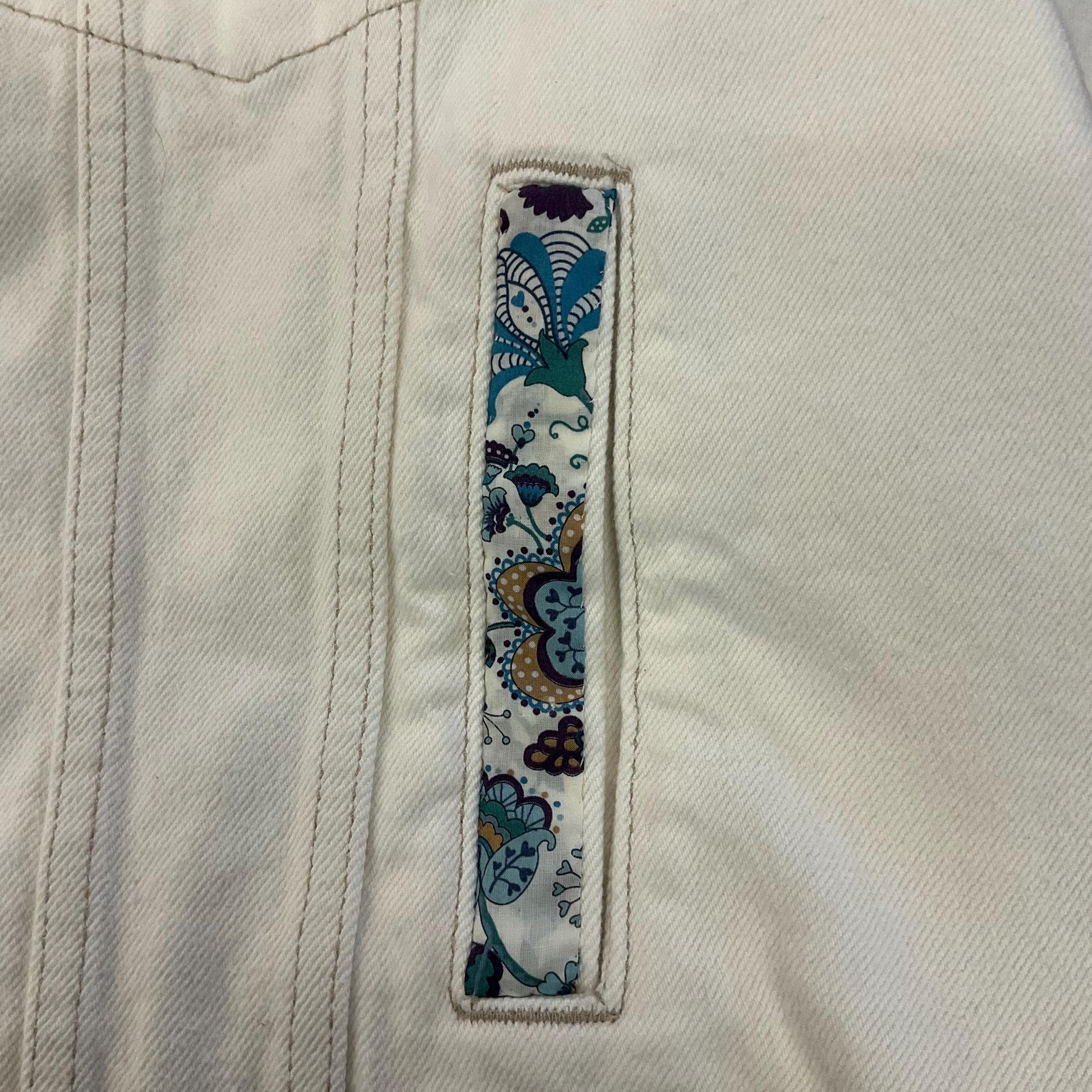 Vintage Up cycled Unique Off White Unworn Denim Jacket with Liberty ‘Mabelle’ Tana Lawn, Original Tags, Size UK 22