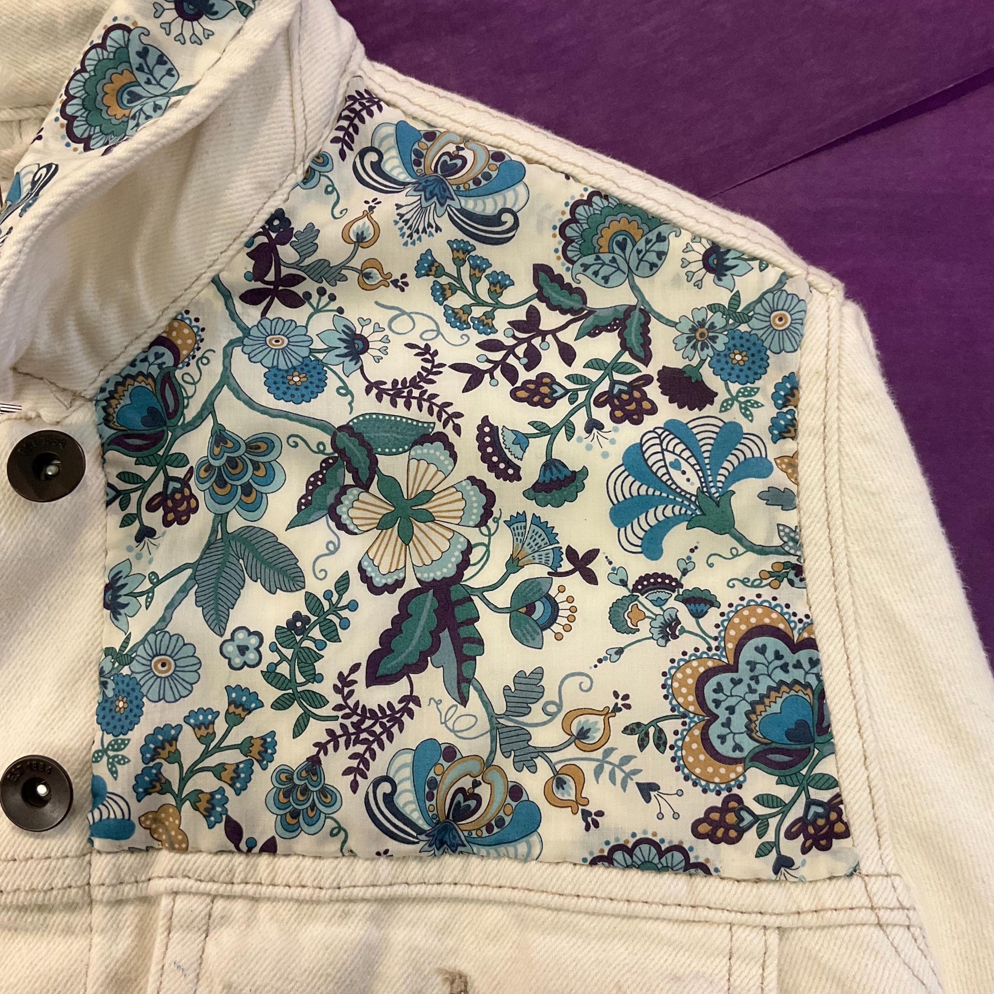 Vintage Up cycled Unique Off White Unworn Denim Jacket with Liberty ‘Mabelle’ Tana Lawn, Original Tags, Size UK 22