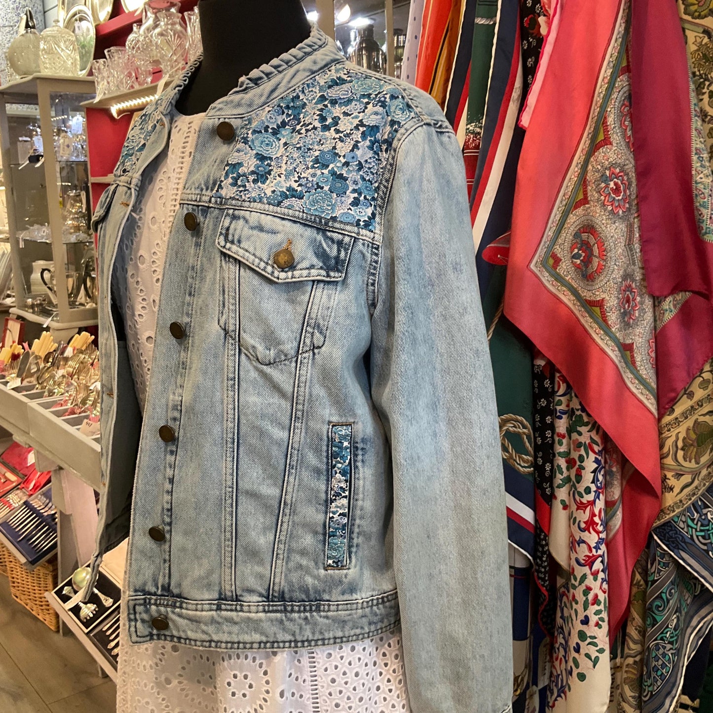 Unique Up- Cycled Vintage HUSH Pale Blue Denim Jacket with Liberty ‘Elysian Day’ Print Tana Lawn, Size UK 12
