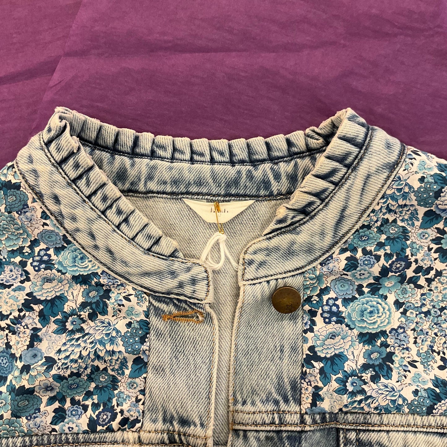 Unique Up- Cycled Vintage HUSH Pale Blue Denim Jacket with Liberty ‘Elysian Day’ Print Tana Lawn, Size UK 12