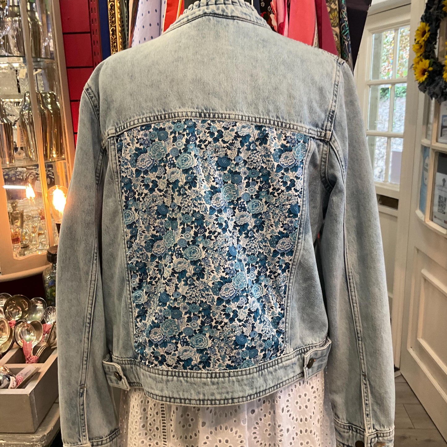 Unique Up- Cycled Vintage HUSH Pale Blue Denim Jacket with Liberty ‘Elysian Day’ Print Tana Lawn, Size UK 12