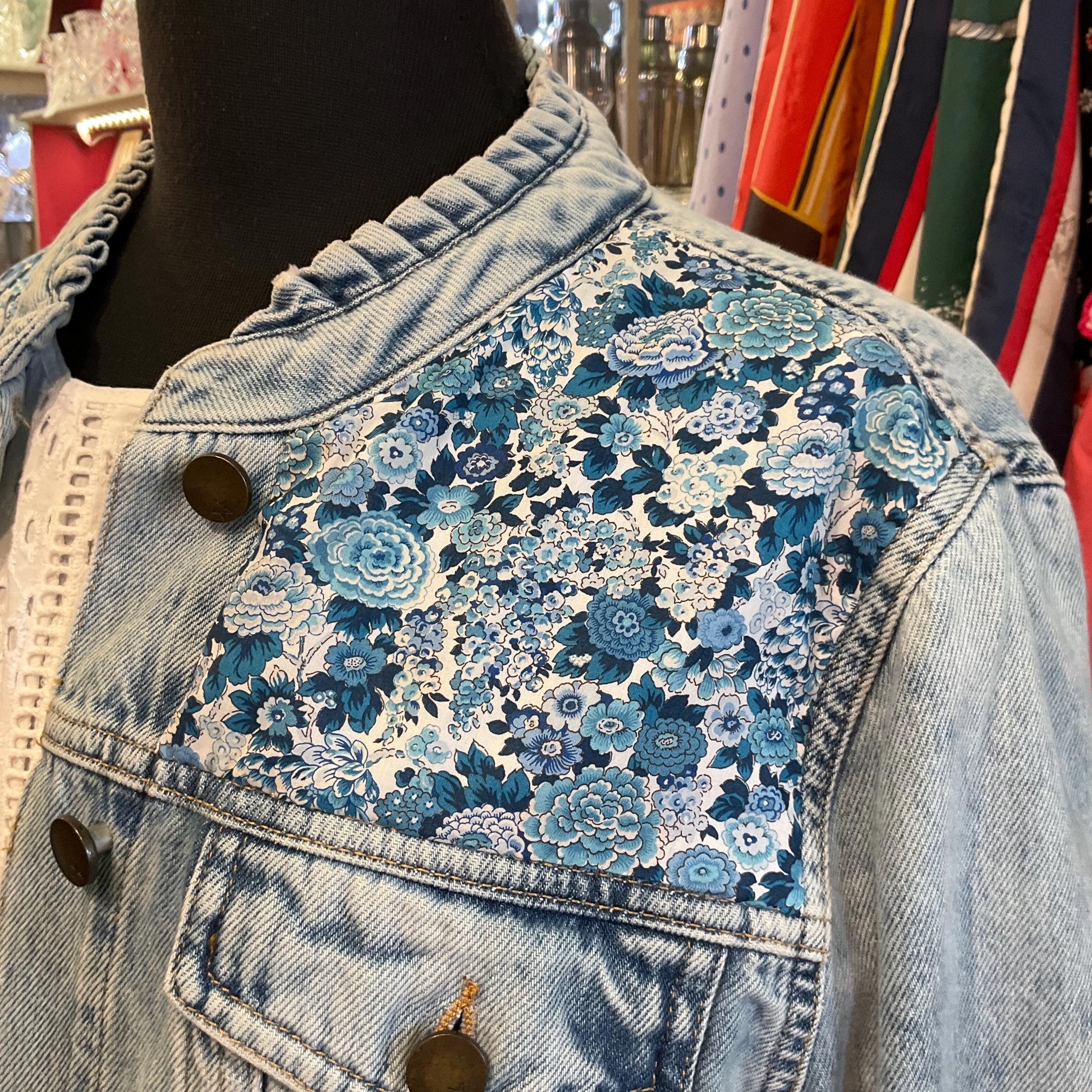 Unique Up- Cycled Vintage HUSH Pale Blue Denim Jacket with Liberty ‘Elysian Day’ Print Tana Lawn, Size UK 12