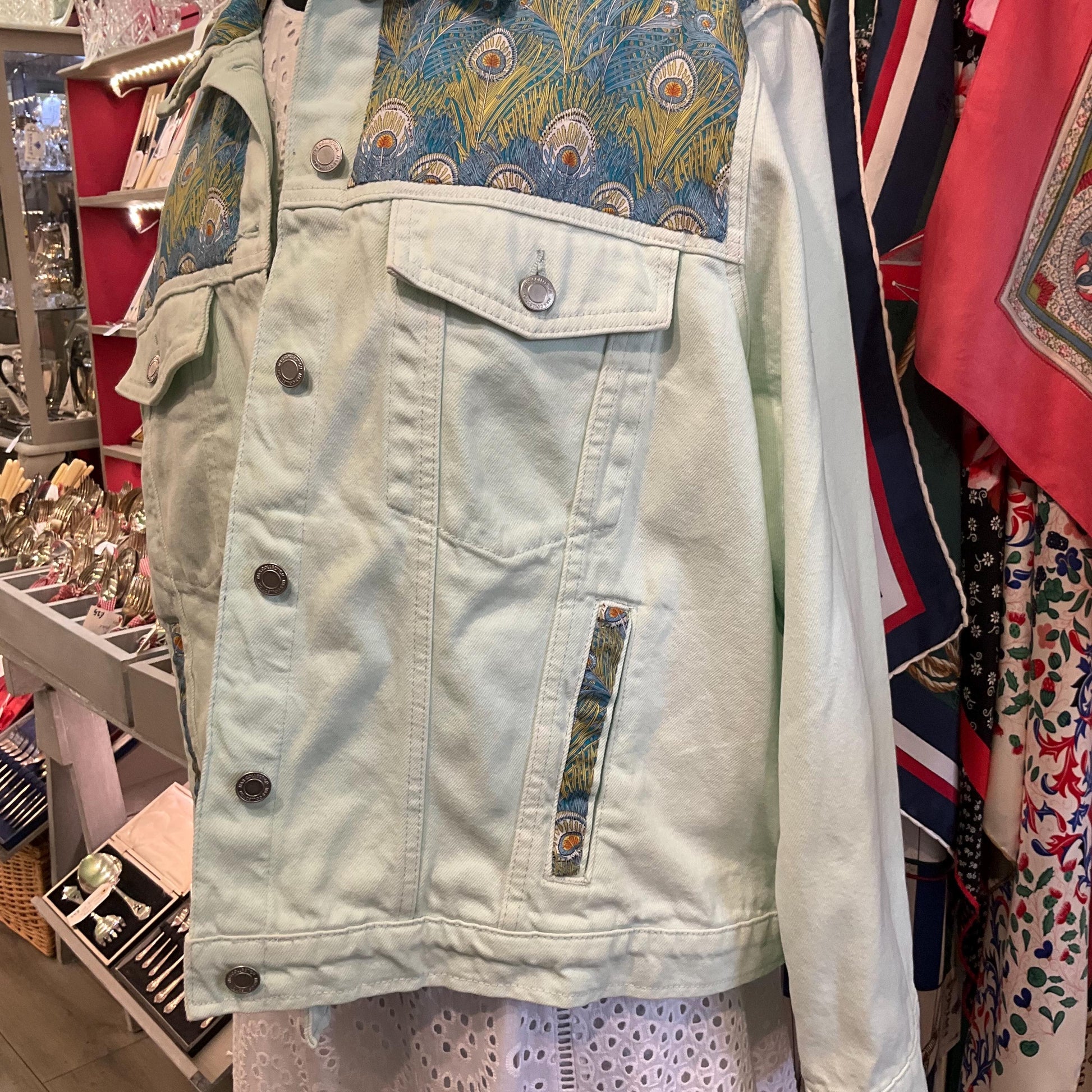 Unique Up Cycled Vintage Unworn Pale Green Denim Jacket with Liberty ‘Hera’ Peacock Feather Tana Lawn , Original tags, Size Uk 24