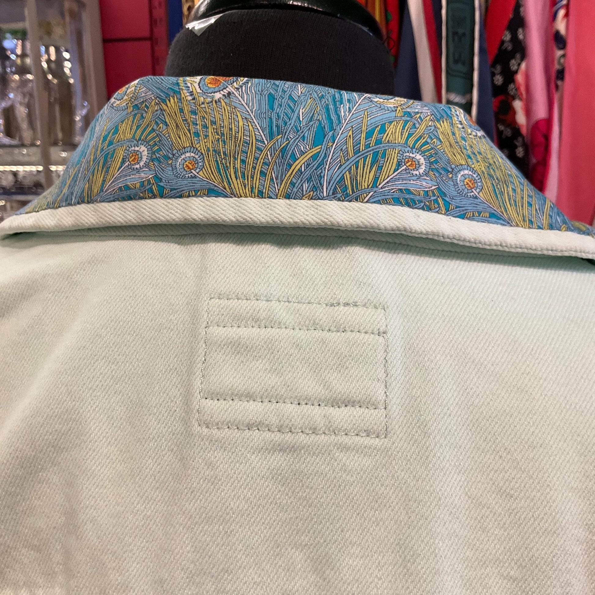 Unique Up Cycled Vintage Unworn Pale Green Denim Jacket with Liberty ‘Hera’ Peacock Feather Tana Lawn , Original tags, Size Uk 24