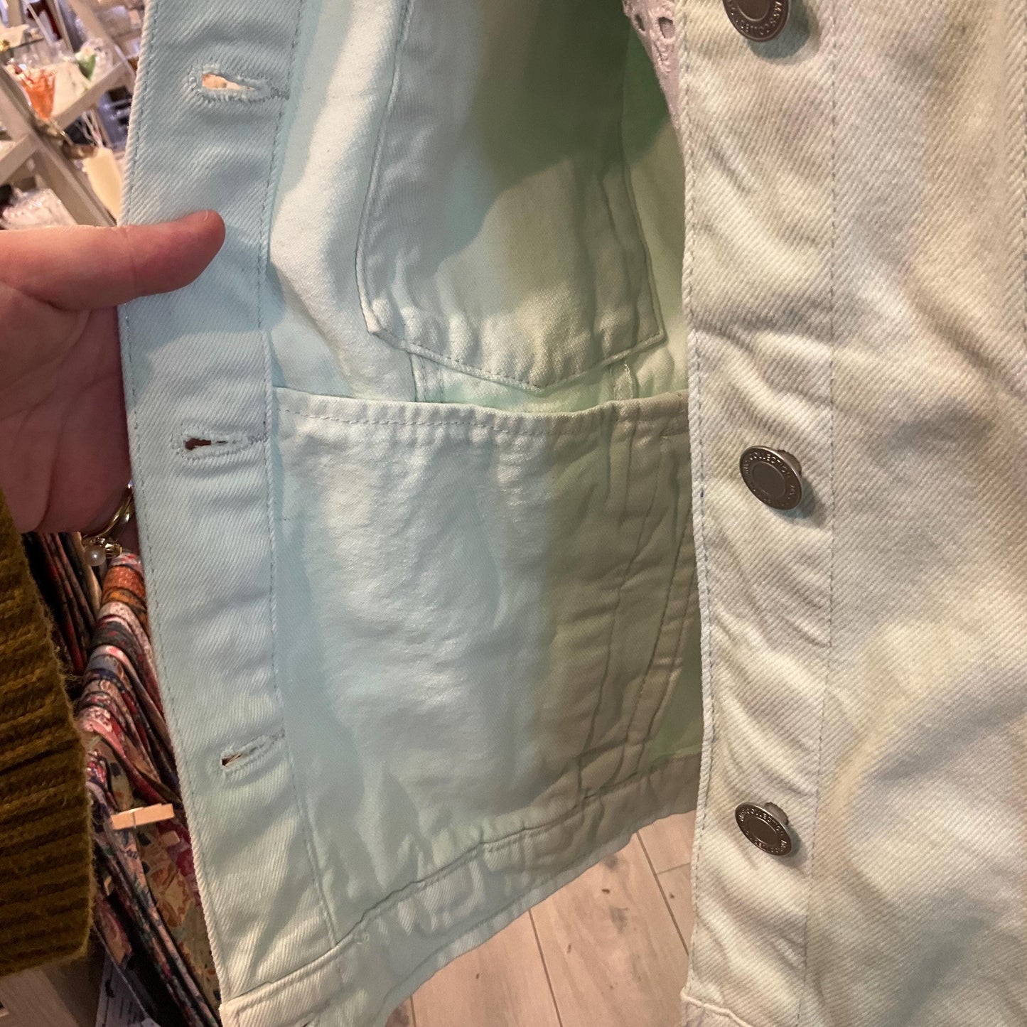 Unique Up Cycled Vintage Unworn Pale Green Denim Jacket with Liberty ‘Hera’ Peacock Feather Tana Lawn , Original tags, Size Uk 24
