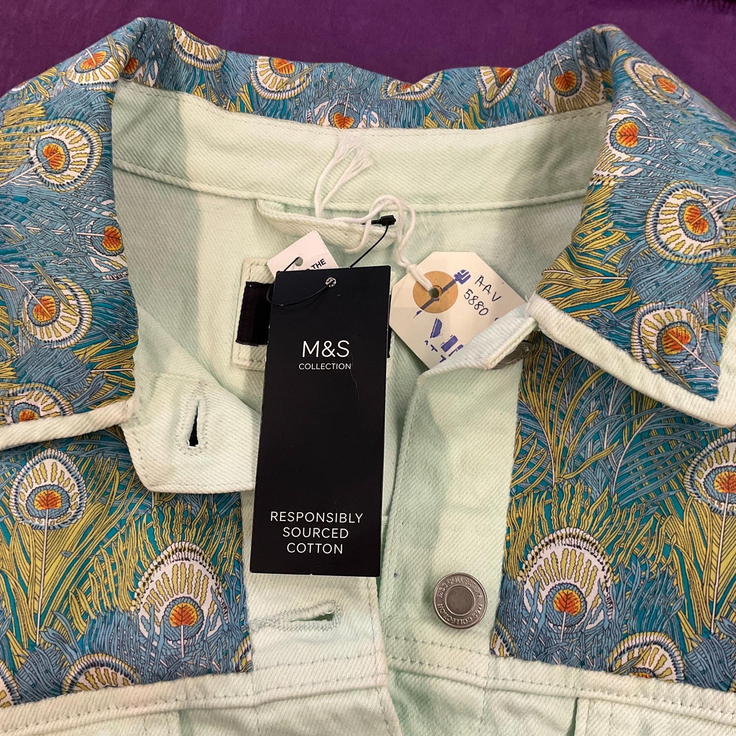 Unique Up Cycled Vintage Unworn Pale Green Denim Jacket with Liberty ‘Hera’ Peacock Feather Tana Lawn , Original tags, Size Uk 24