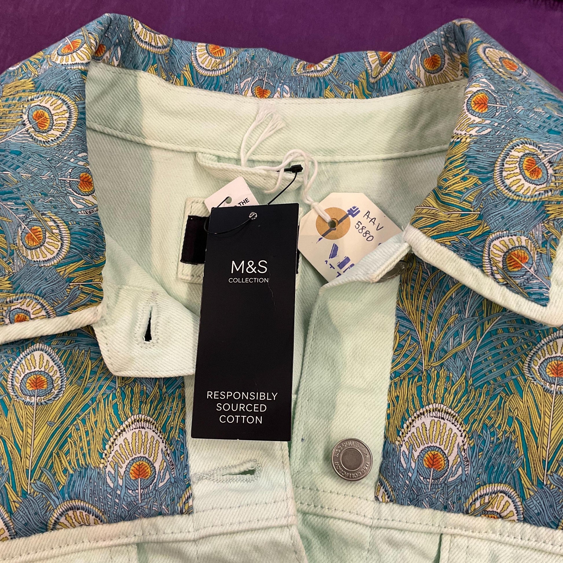 Unique Up Cycled Vintage Unworn Pale Green Denim Jacket with Liberty ‘Hera’ Peacock Feather Tana Lawn , Original tags, Size Uk 24