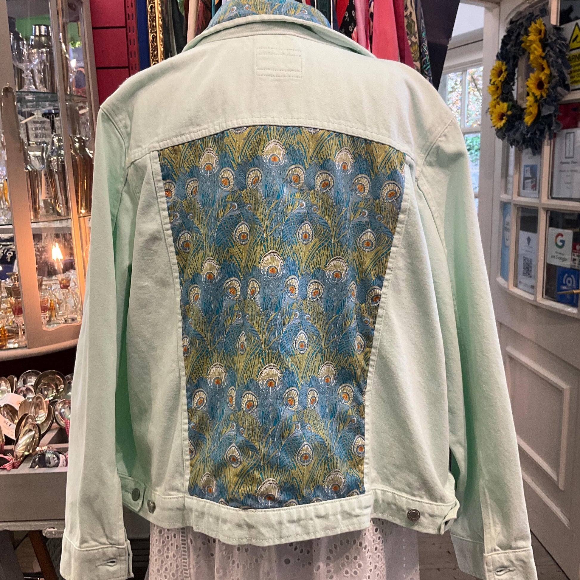 Unique Up Cycled Vintage Unworn Pale Green Denim Jacket with Liberty ‘Hera’ Peacock Feather Tana Lawn , Original tags, Size Uk 24
