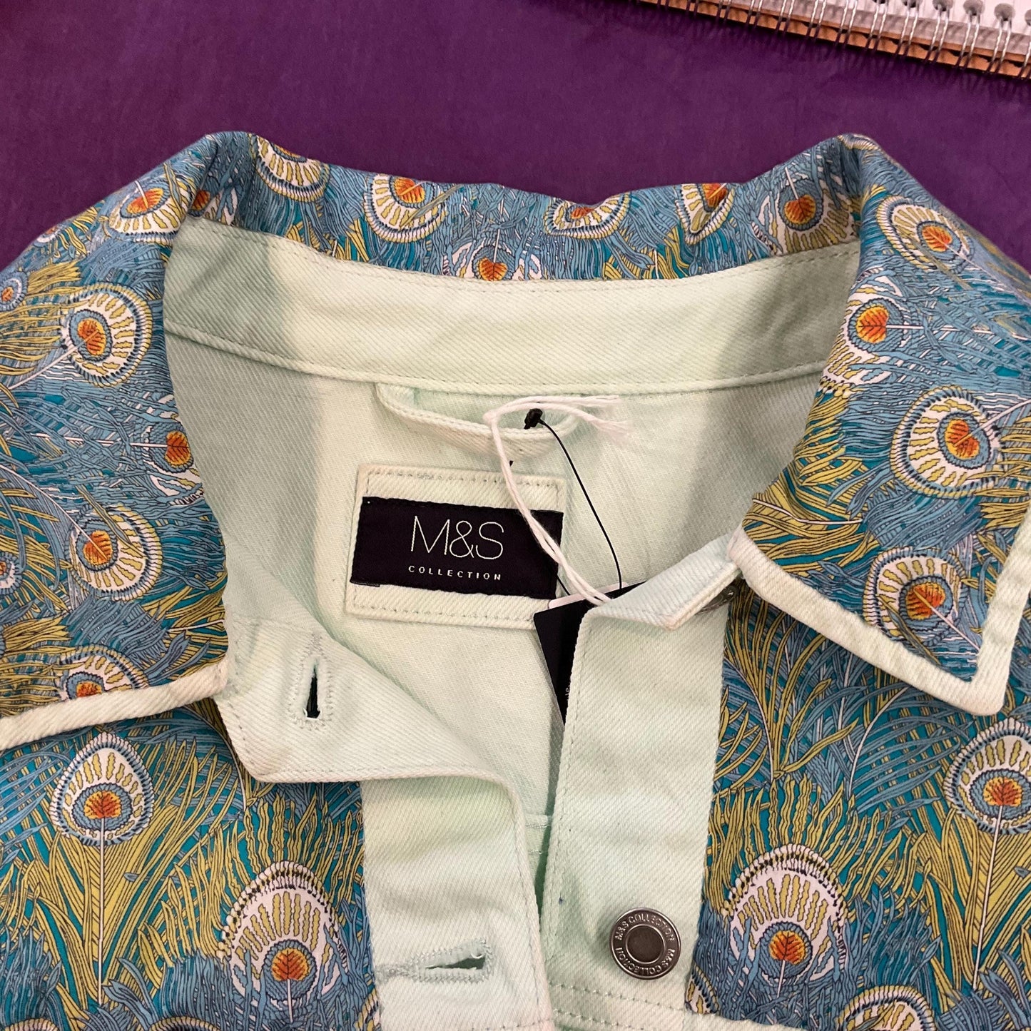 Unique Up Cycled Vintage Unworn Pale Green Denim Jacket with Liberty ‘Hera’ Peacock Feather Tana Lawn , Original tags, Size Uk 24