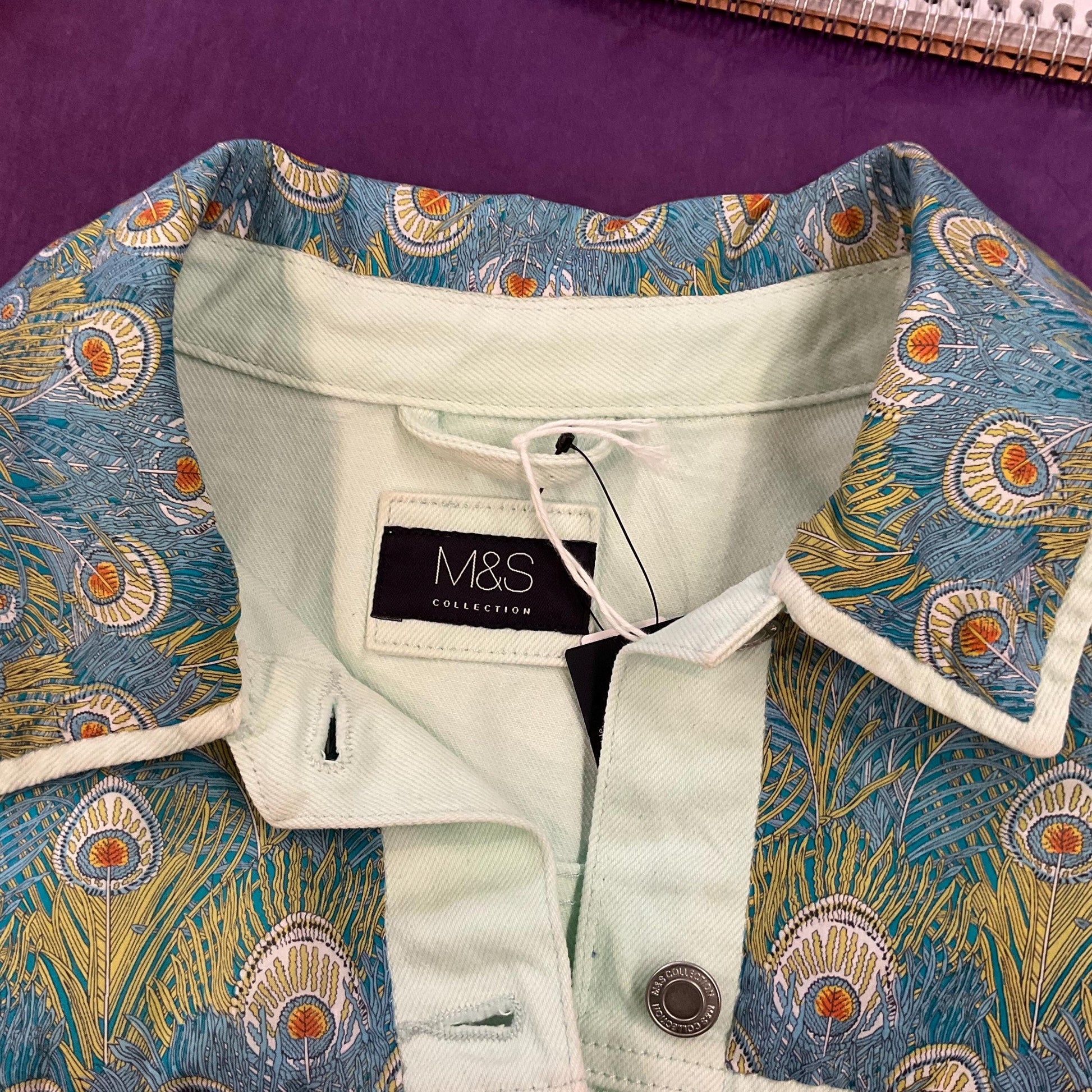 Unique Up Cycled Vintage Unworn Pale Green Denim Jacket with Liberty ‘Hera’ Peacock Feather Tana Lawn , Original tags, Size Uk 24