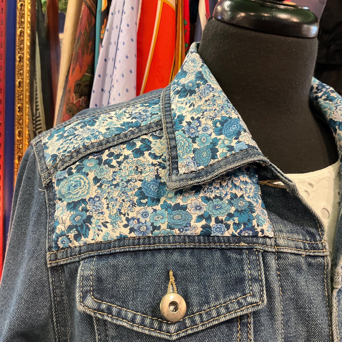 Unique Up Cycled Vintage Mid Blue Denim Jacket with Liberty ‘Elysian Day’ Floral Tana Lawn, Size UK 12/14