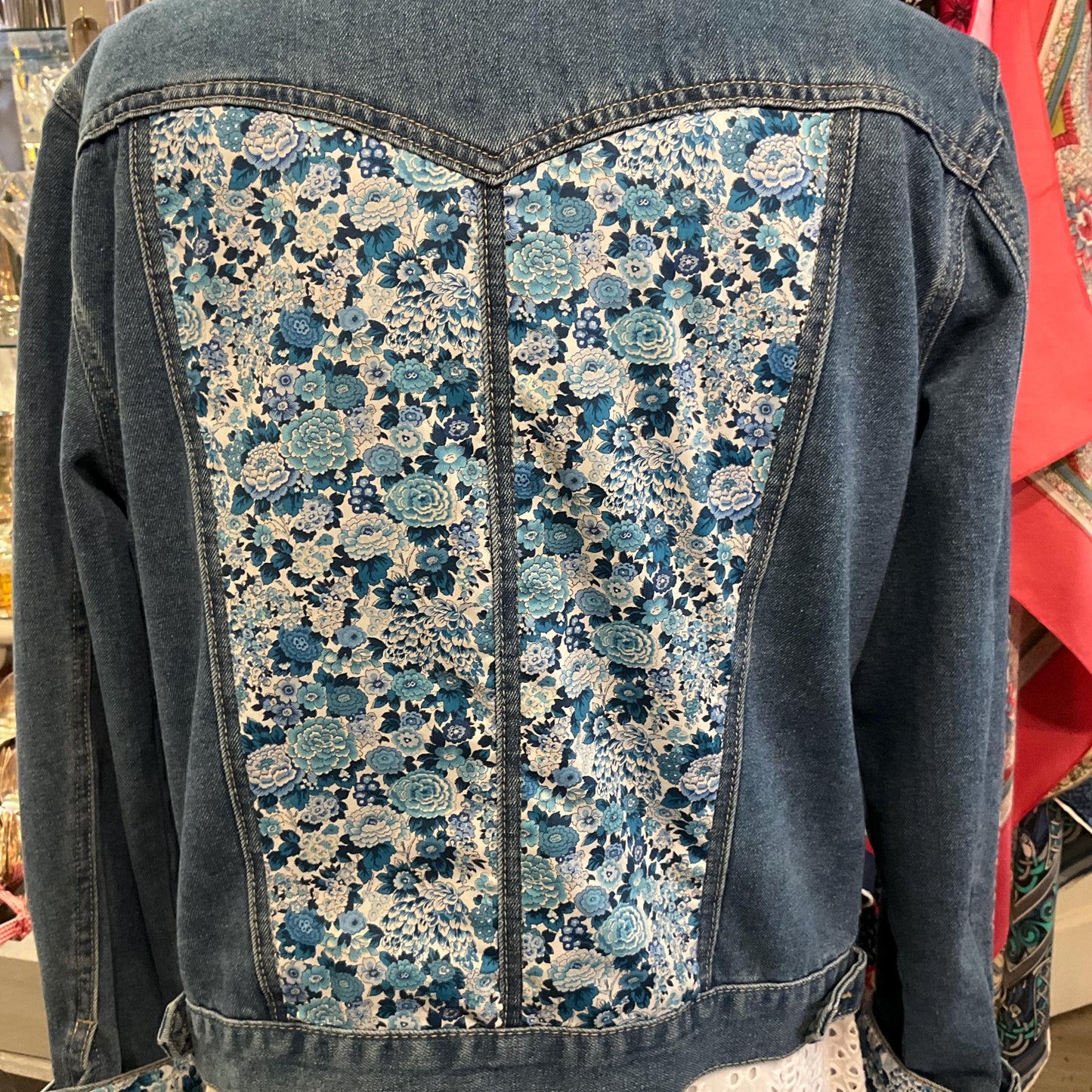Unique Up Cycled Vintage Mid Blue Denim Jacket with Liberty ‘Elysian Day’ Floral Tana Lawn, Size UK 12/14