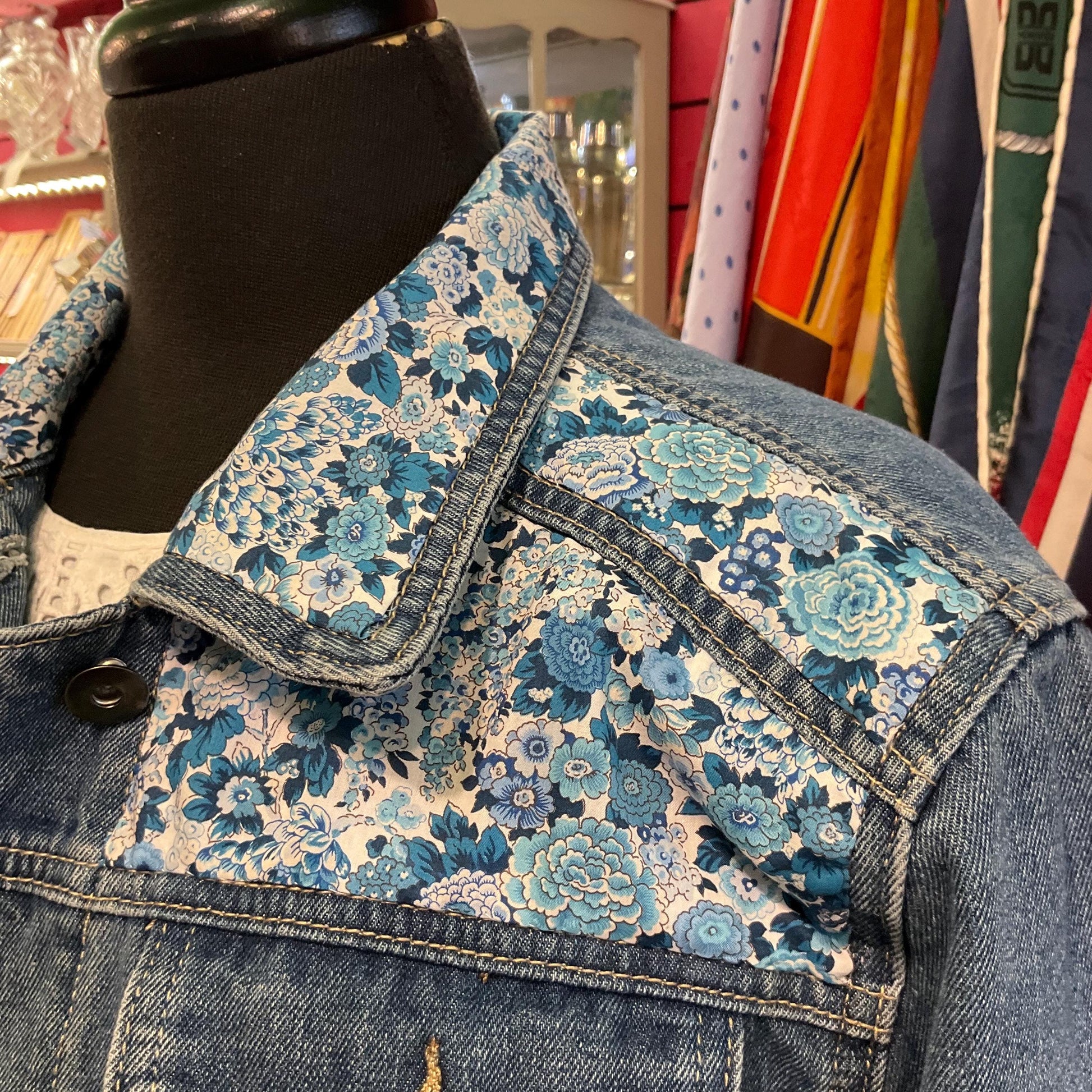 Unique Up Cycled Vintage Mid Blue Denim Jacket with Liberty ‘Elysian Day’ Floral Tana Lawn, Size UK 12/14