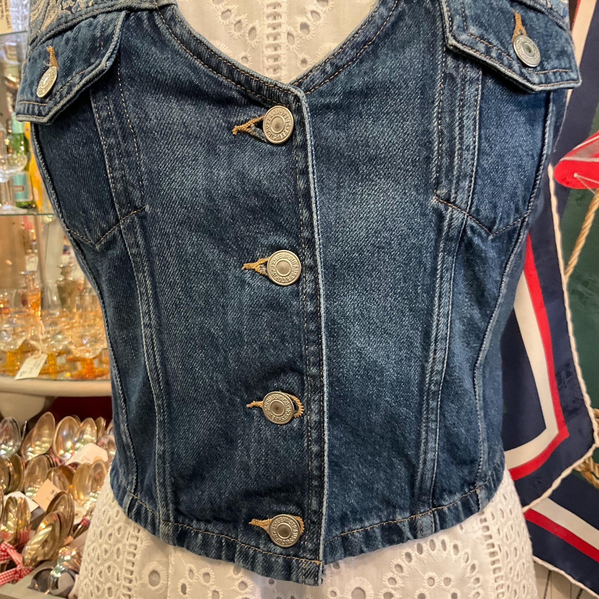 Unique Up Cycled Vintage Levi’s Denim waistcoat with Liberty ‘Lee Manor ‘ Paisley Tana Lawn, Size Uk 8/10