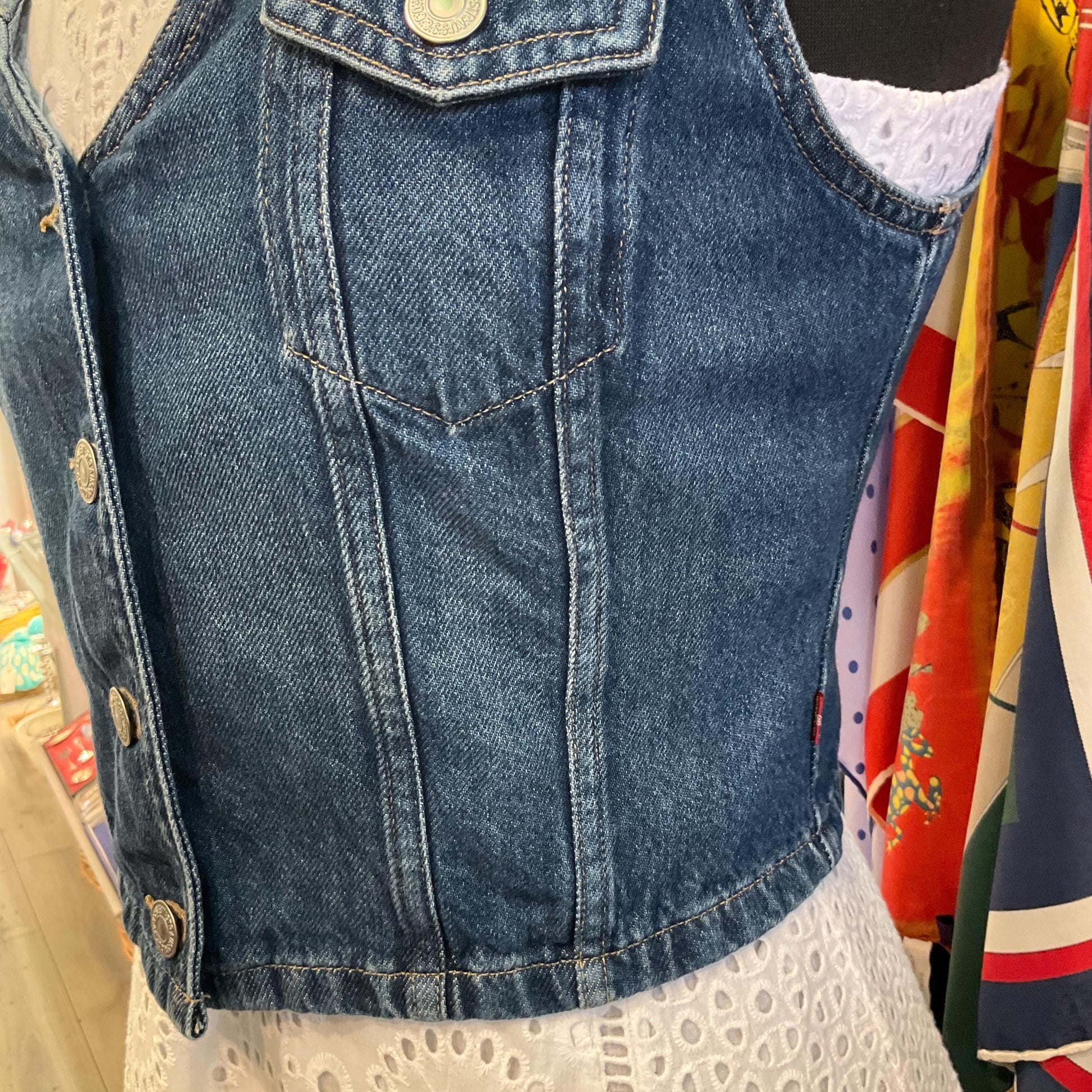 Unique Up Cycled Vintage Levi’s Denim waistcoat with Liberty ‘Lee Manor ‘ Paisley Tana Lawn, Size Uk 8/10