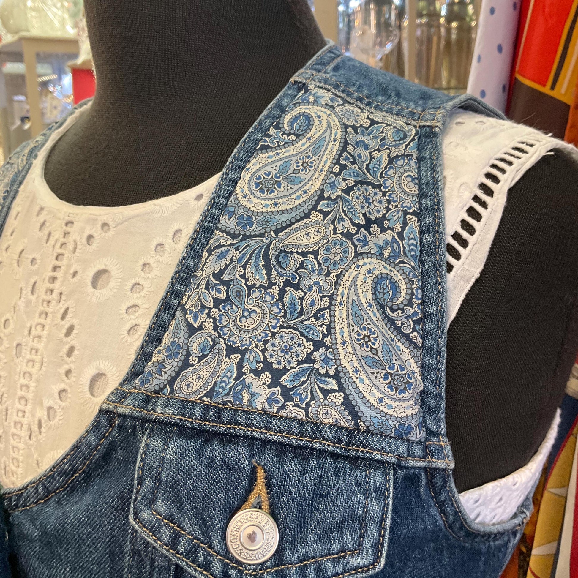 Unique Up Cycled Vintage Levi’s Denim waistcoat with Liberty ‘Lee Manor ‘ Paisley Tana Lawn, Size Uk 8/10