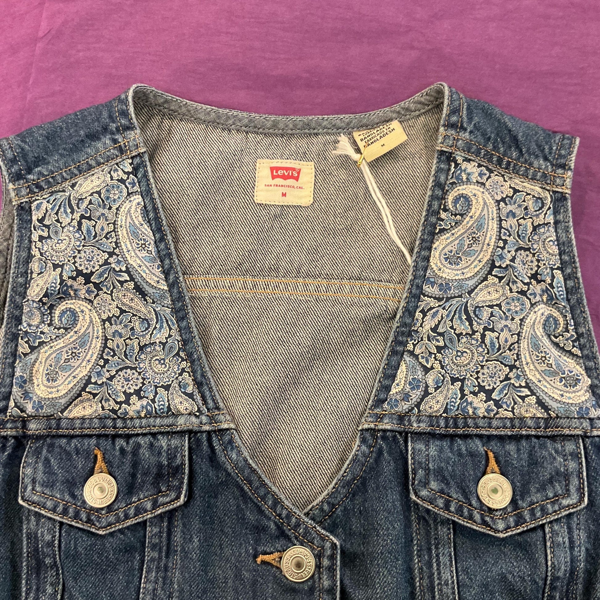 Unique Up Cycled Vintage Levi’s Denim waistcoat with Liberty ‘Lee Manor ‘ Paisley Tana Lawn, Size Uk 8/10