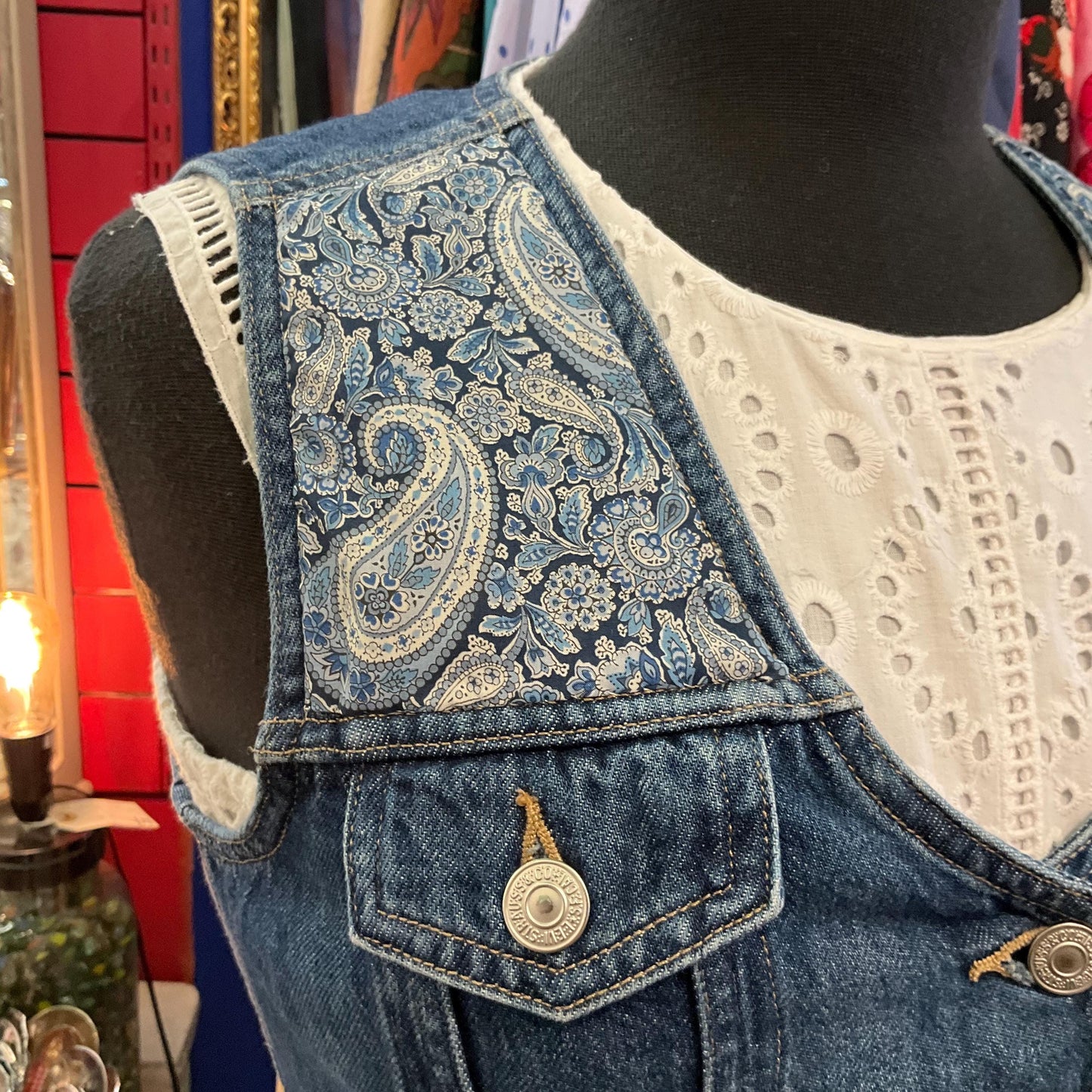 Unique Up Cycled Vintage Levi’s Denim waistcoat with Liberty ‘Lee Manor ‘ Paisley Tana Lawn, Size Uk 8/10