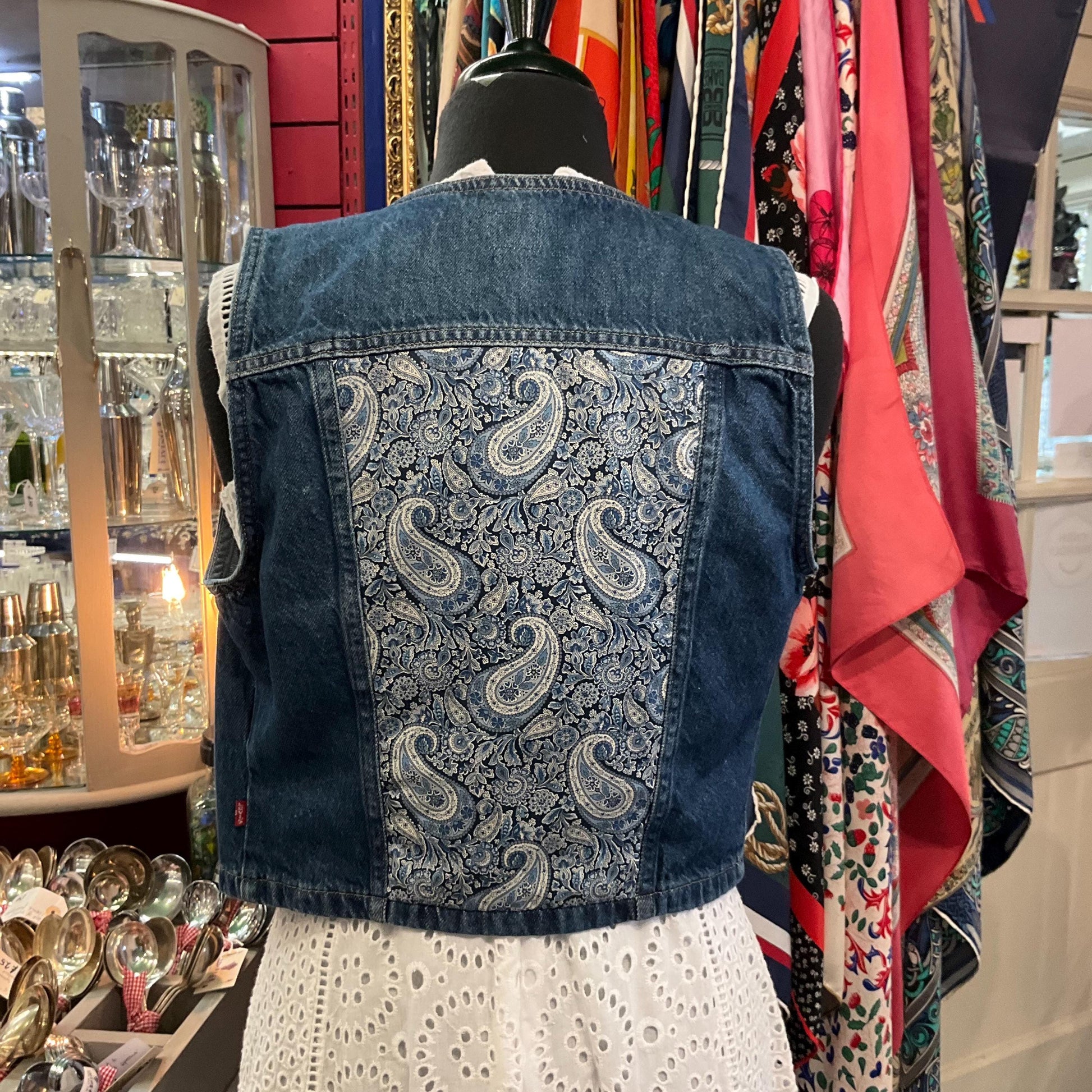 Unique Up Cycled Vintage Levi’s Denim waistcoat with Liberty ‘Lee Manor ‘ Paisley Tana Lawn, Size Uk 8/10