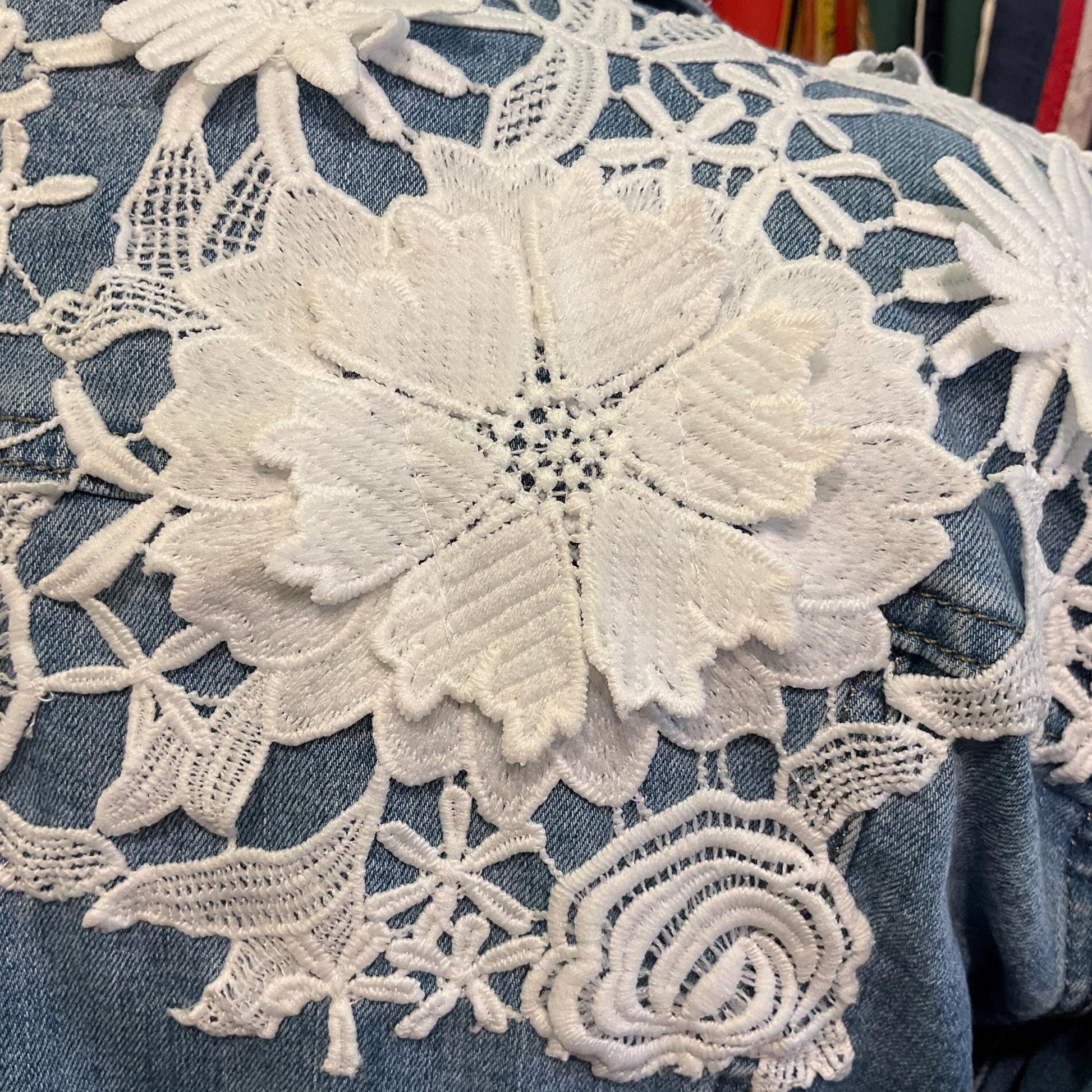Unique Up Cycled Pre Loved Denim Jacket with Hand Embellished Vintage Guipre Lace , Size UK 12/14