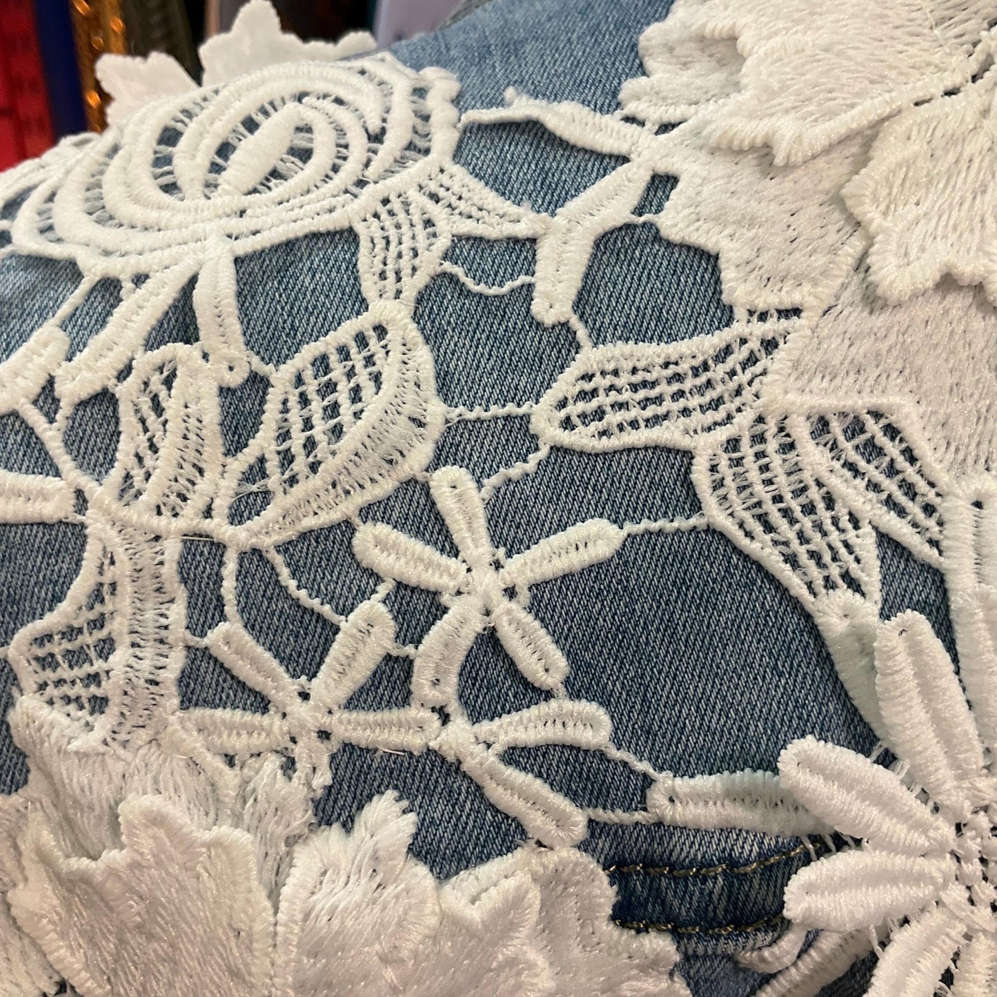 Unique Up Cycled Pre Loved Denim Jacket with Hand Embellished Vintage Guipre Lace , Size UK 12/14