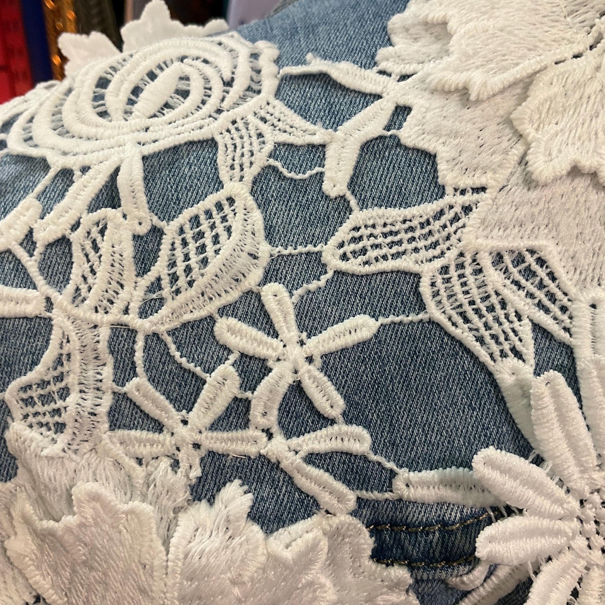 Unique Up Cycled Pre Loved Denim Jacket with Hand Embellished Vintage Guipre Lace , Size UK 12/14