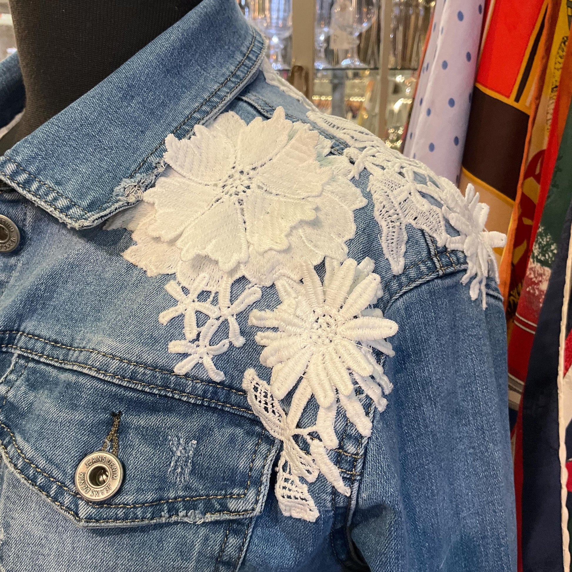 Unique Up Cycled Pre Loved Denim Jacket with Hand Embellished Vintage Guipre Lace , Size UK 12/14